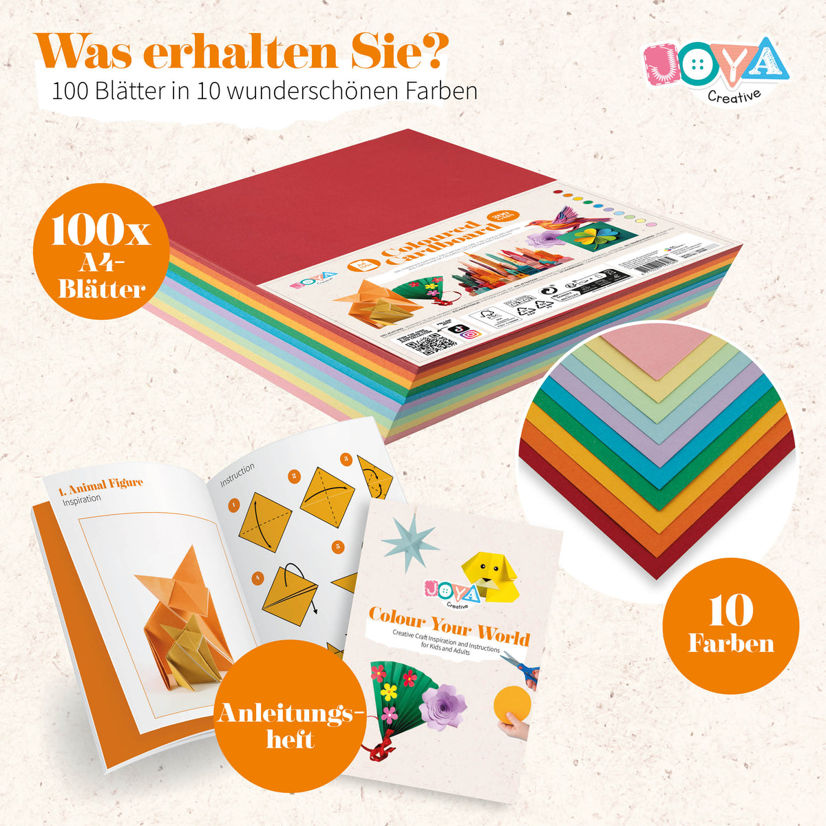 Joya Creative Farbiger Karton A4 100 Blatt – 200 Gramm Bastelpapier in 10 Farben inklusive Inspirationsbuch