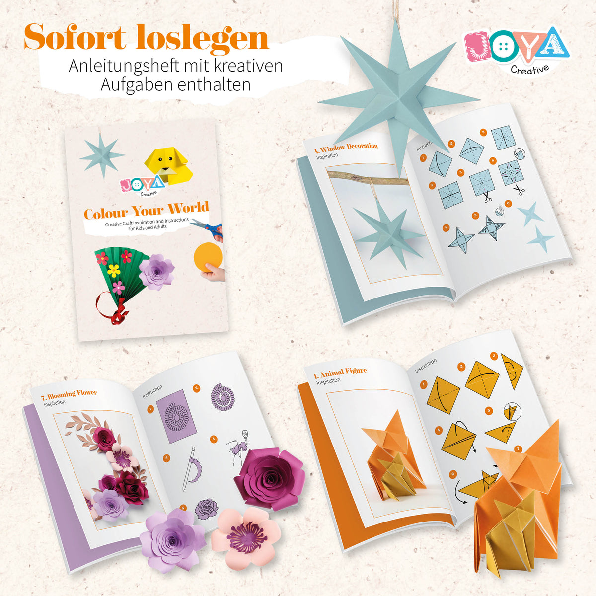 Joya Creative Farbiger Karton A4 100 Blatt – 200 Gramm Bastelpapier in 10 Farben inklusive Inspirationsbuch