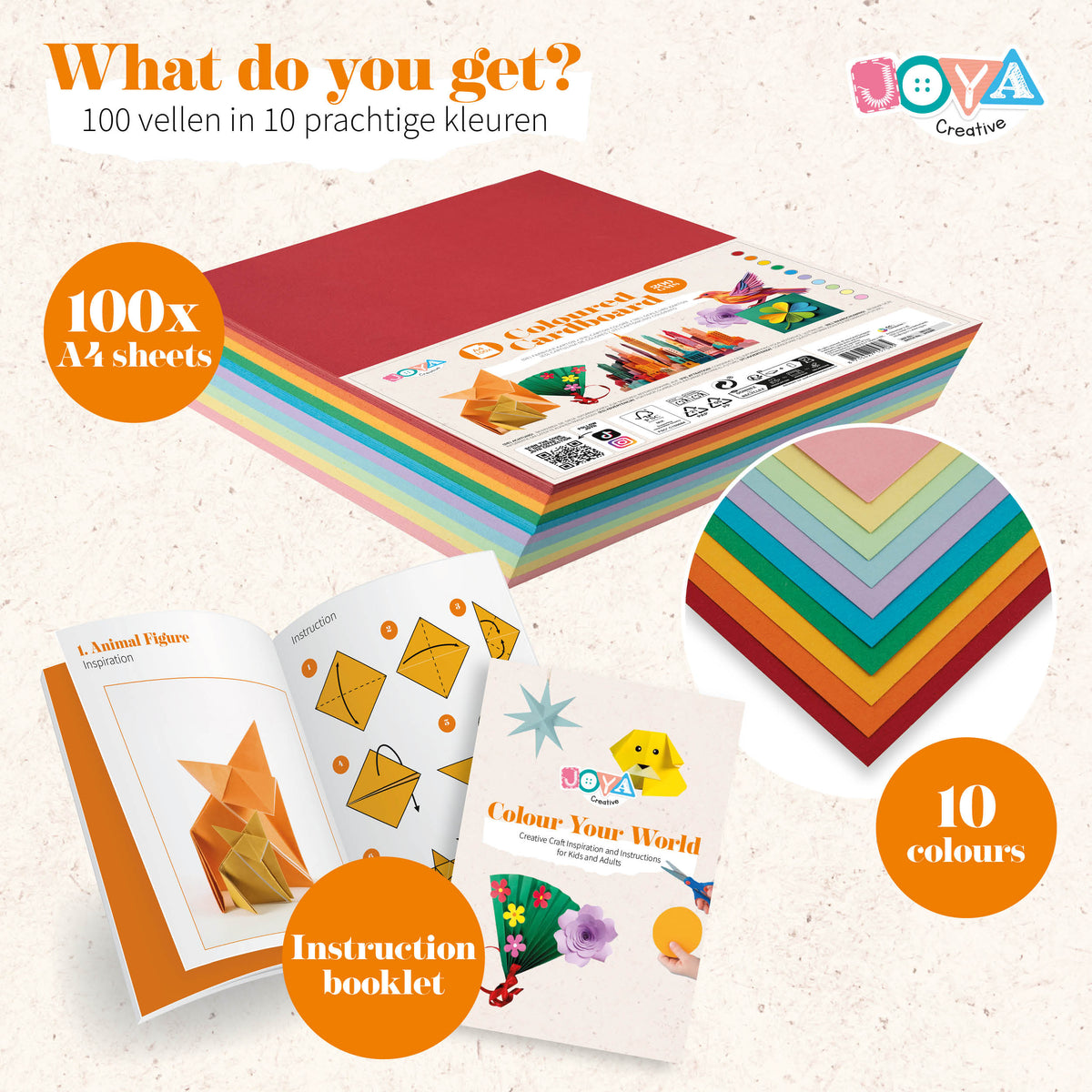 Joya Creative Coloured Card A4 100 Sheets – 200 gsm Craft Paper in 10 Colours including Inspiration Book