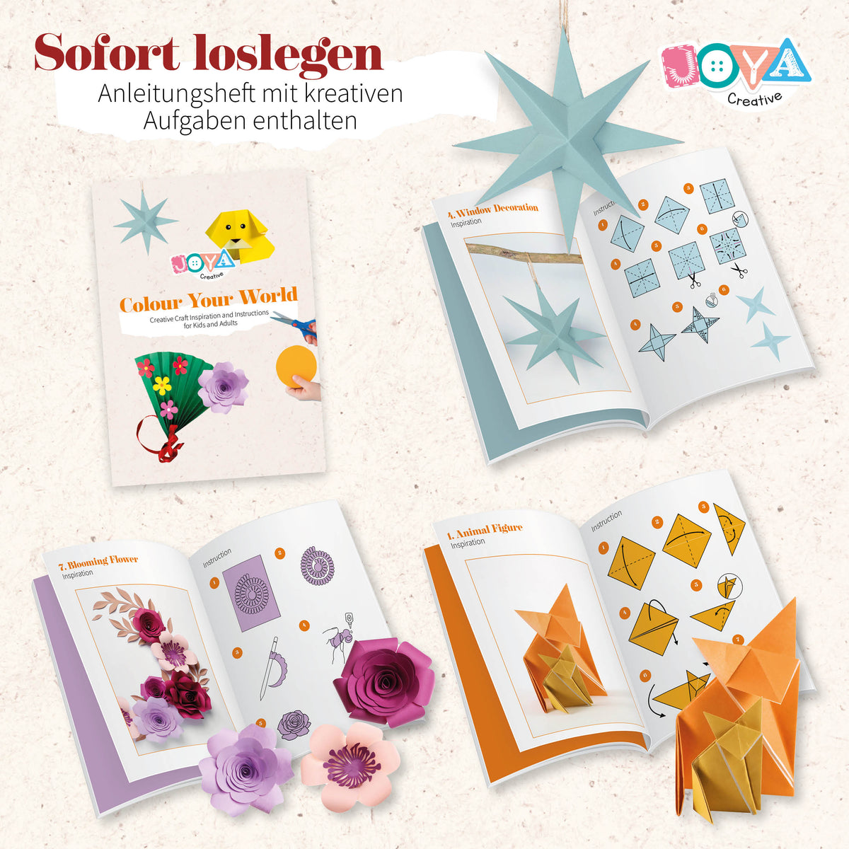 Joya Creative Buntes Papier A4 100 Blatt – Bastelpapier 80 g in 10 Farben inklusive Inspirationsbuch