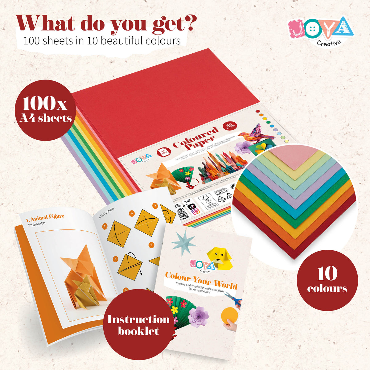 Joya Creative Colored Paper A4 100 Sheets – Craft Paper 80 grams in 10 Colors including Inspiration Book