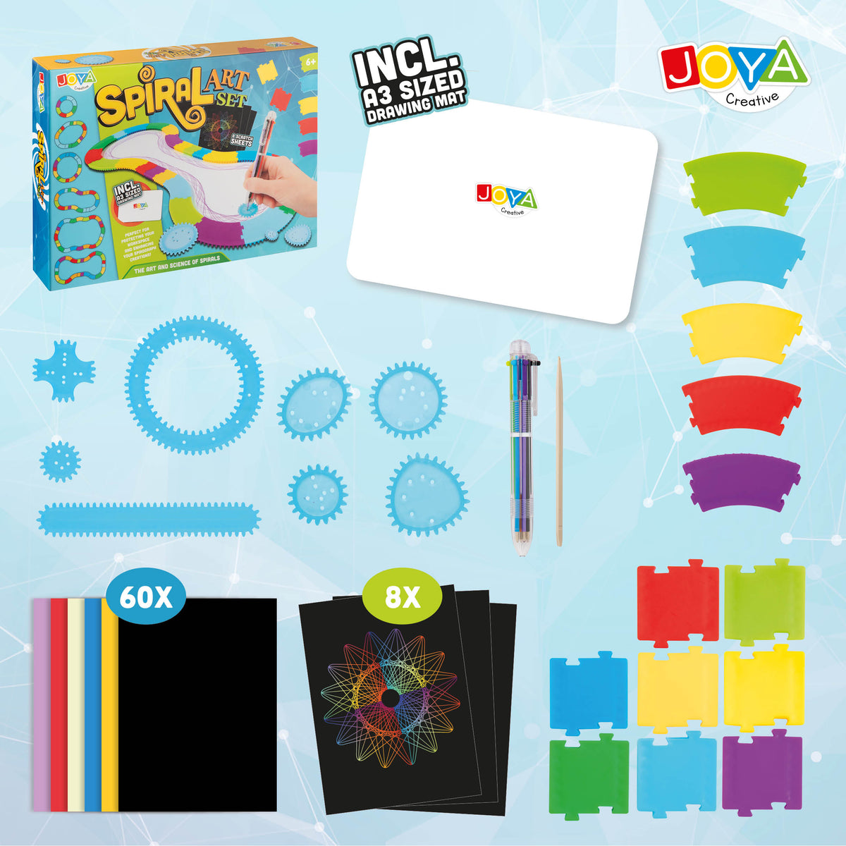 Joya Creative Luxe Spirograph Designer Art Set 60 Pieces – Mandala Drawing Kit with Scratch Art and Montessori Toy