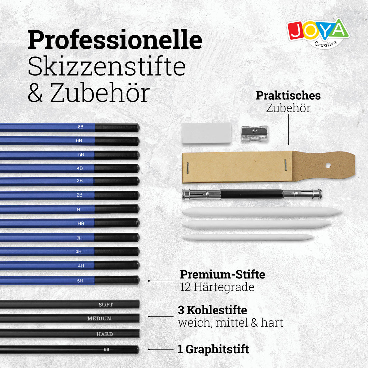 Joya Creative Professionelles Zeichenset 96-teilig – Buntstifte, Graphitstifte und Skizzierstifte im luxuriösen Aufbewahrungskoffer