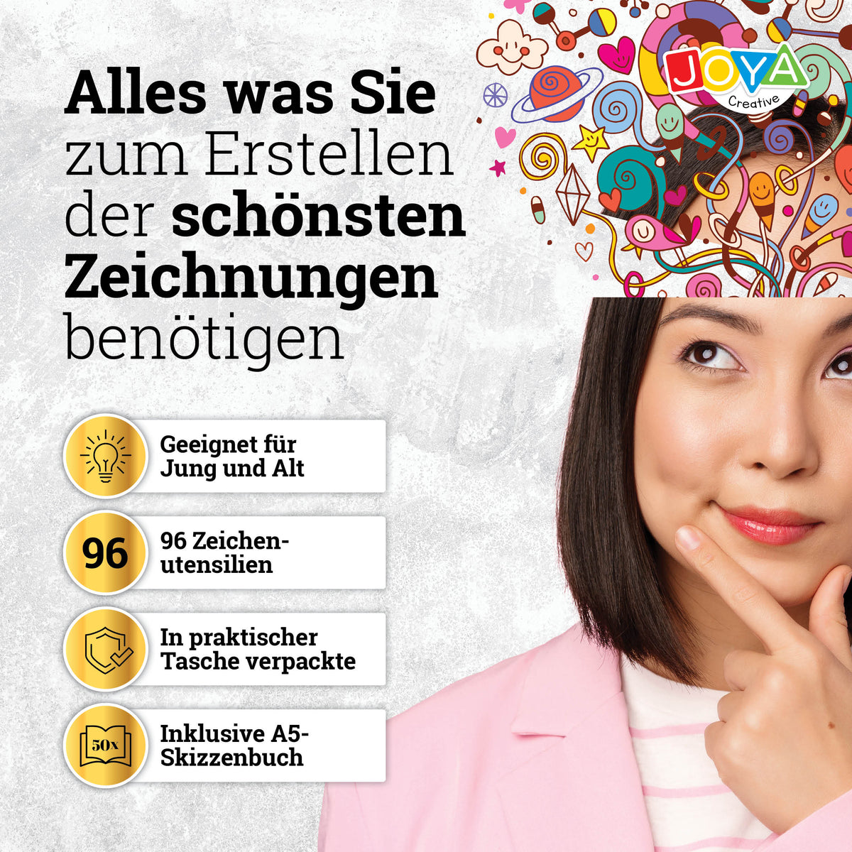 Joya Creative Professionelles Zeichenset 96-teilig – Buntstifte, Graphitstifte und Skizzierstifte im luxuriösen Aufbewahrungskoffer