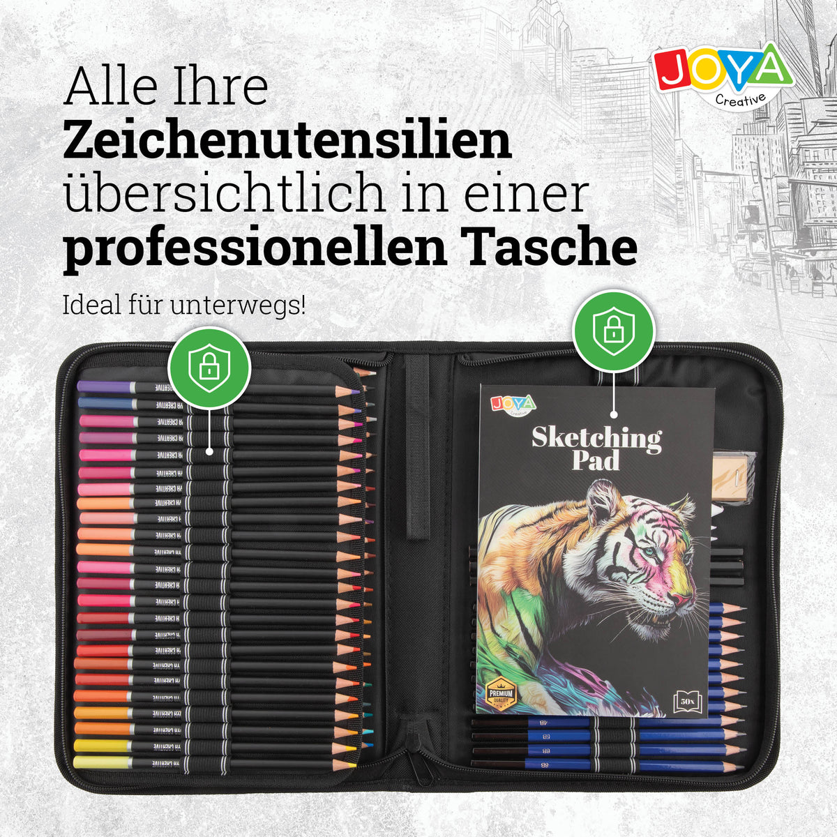 Joya Creative Professionelles Zeichenset 96-teilig – Buntstifte, Graphitstifte und Skizzierstifte im luxuriösen Aufbewahrungskoffer