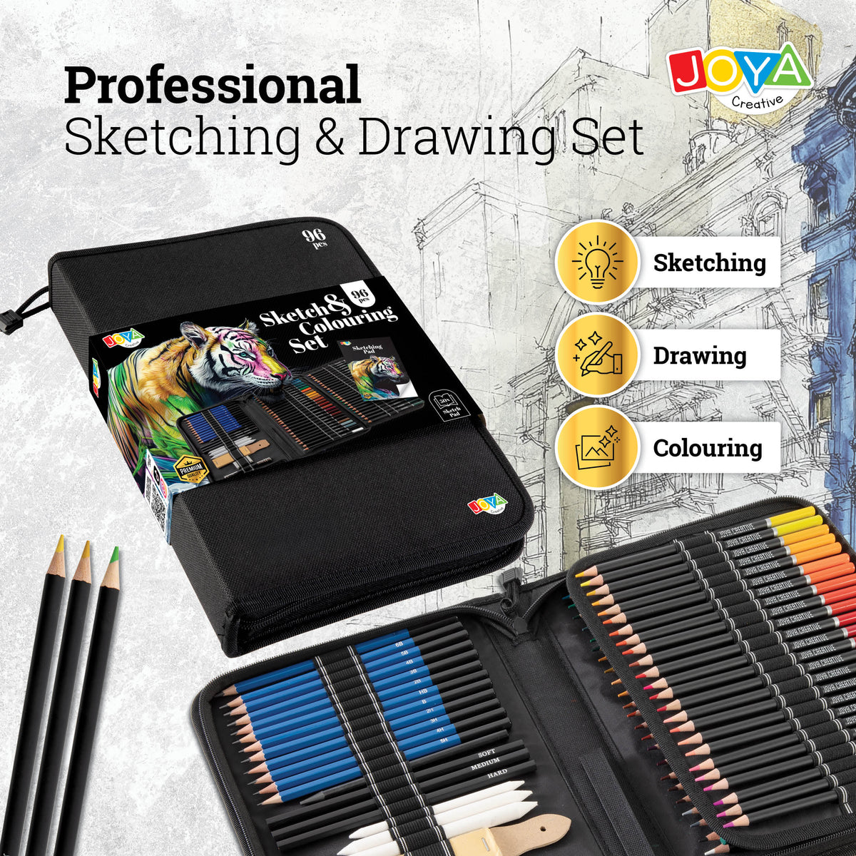 Joya Creative Professional Drawing Set 96 Pieces – Colored Pencils, Graphite Pencils, and Sketching Pencils in Luxury Storage Case