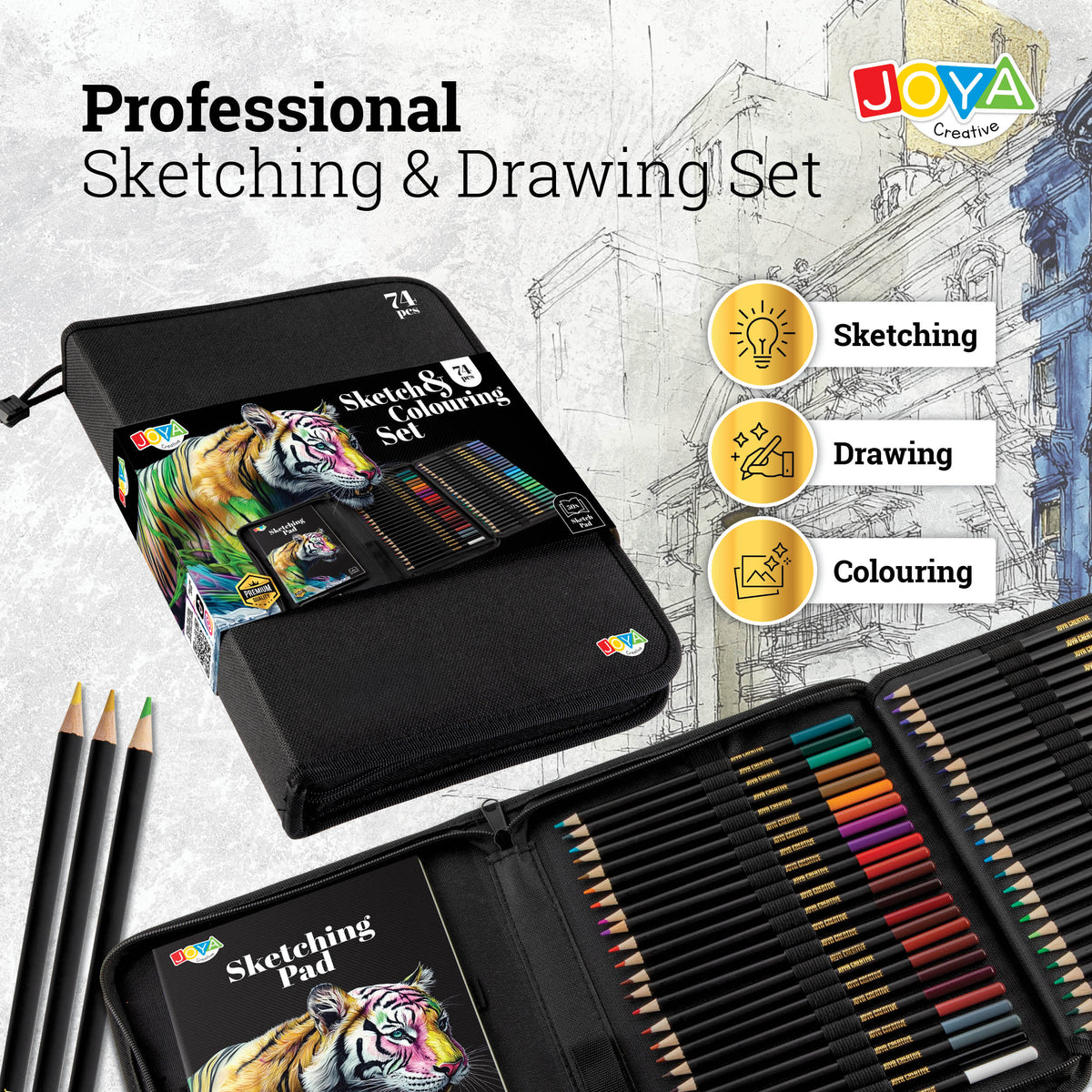 Joya Creative Professional Drawing Set 74 Piece – Colored Pencils, Graphite Pencils, and Fineliners for Drawing and Sketching