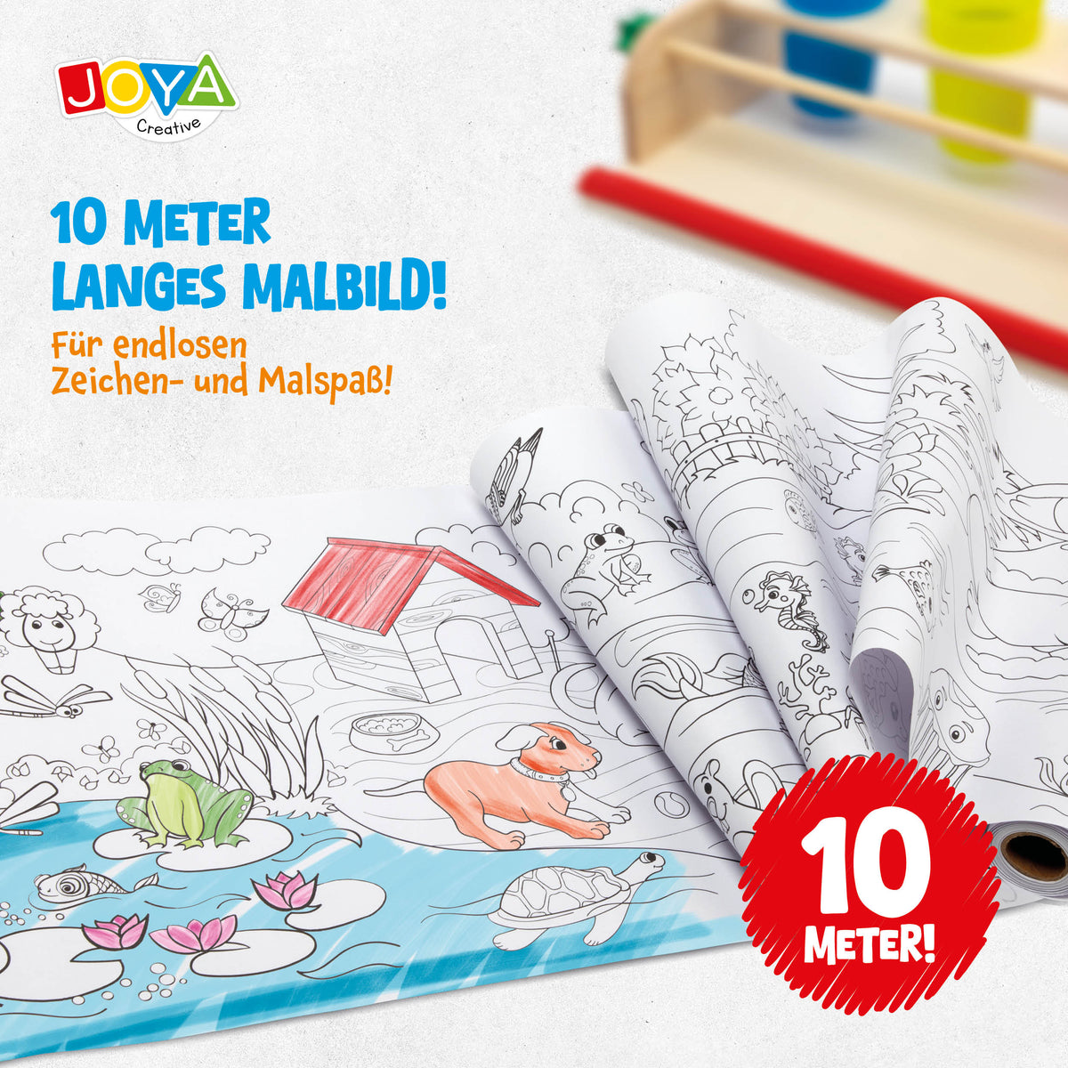 Joya Creative Malvorlage auf Rolle mit Papierrollenhalter aus Holz – 10 Meter Zeichenrolle für Kinder inklusive FSC-Zeichenstation aus Holz