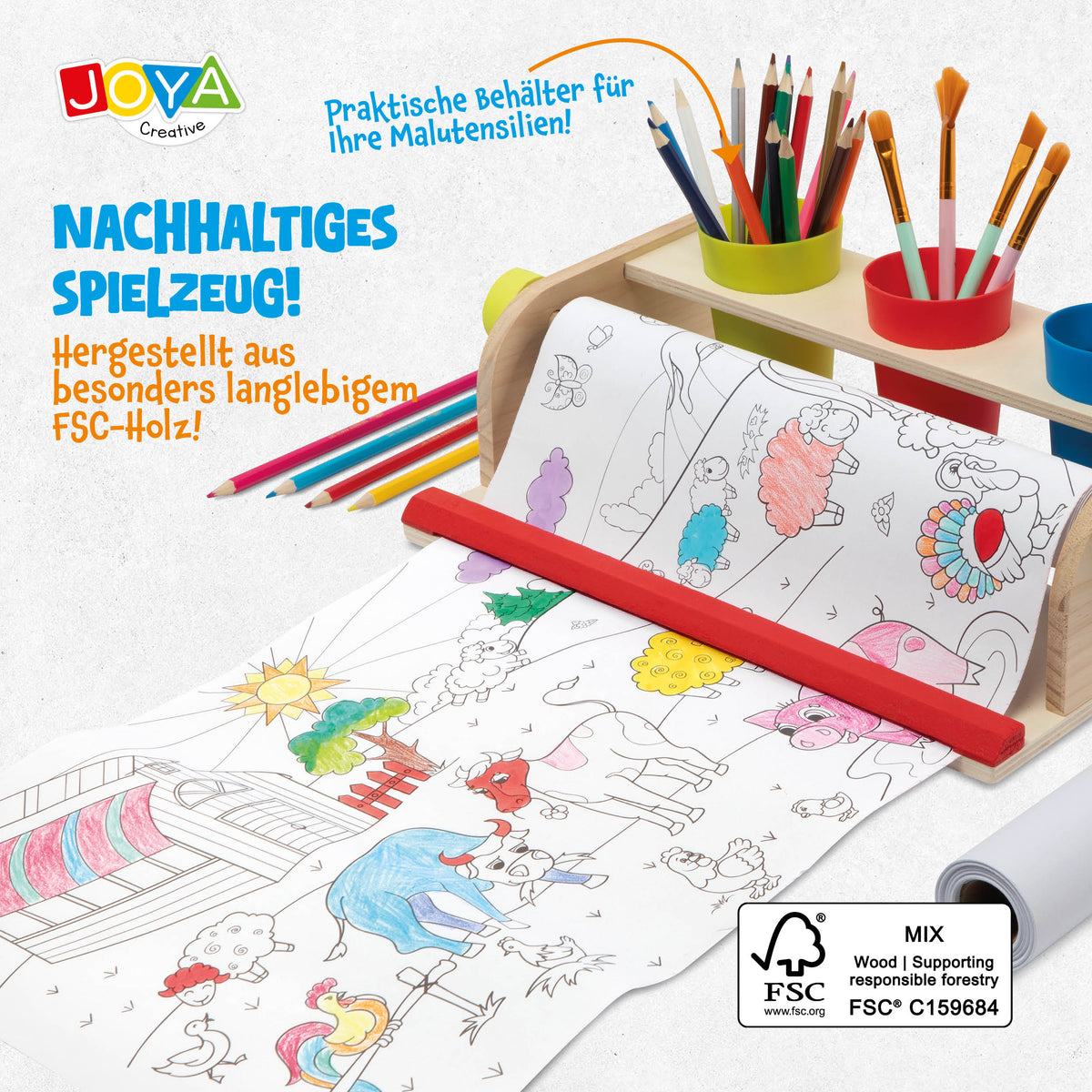 Joya Creative Malvorlage auf Rolle mit Papierrollenhalter aus Holz – 10 Meter Zeichenrolle für Kinder inklusive FSC-Zeichenstation aus Holz