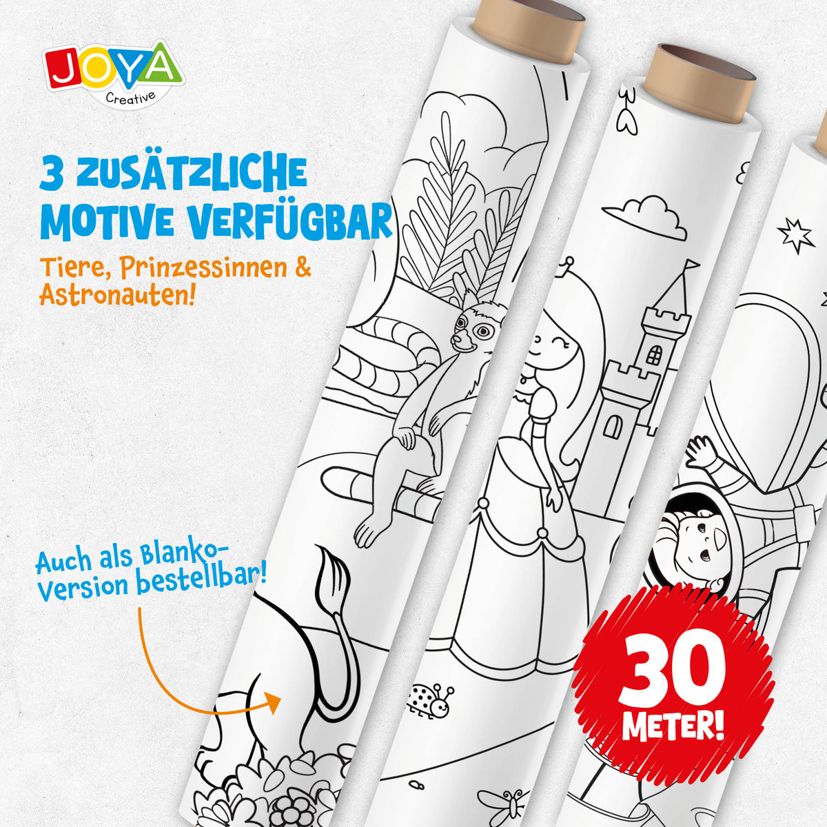 Joya Creative Malvorlage auf Rolle mit Papierrollenhalter aus Holz – 10 Meter Zeichenrolle für Kinder inklusive FSC-Zeichenstation aus Holz