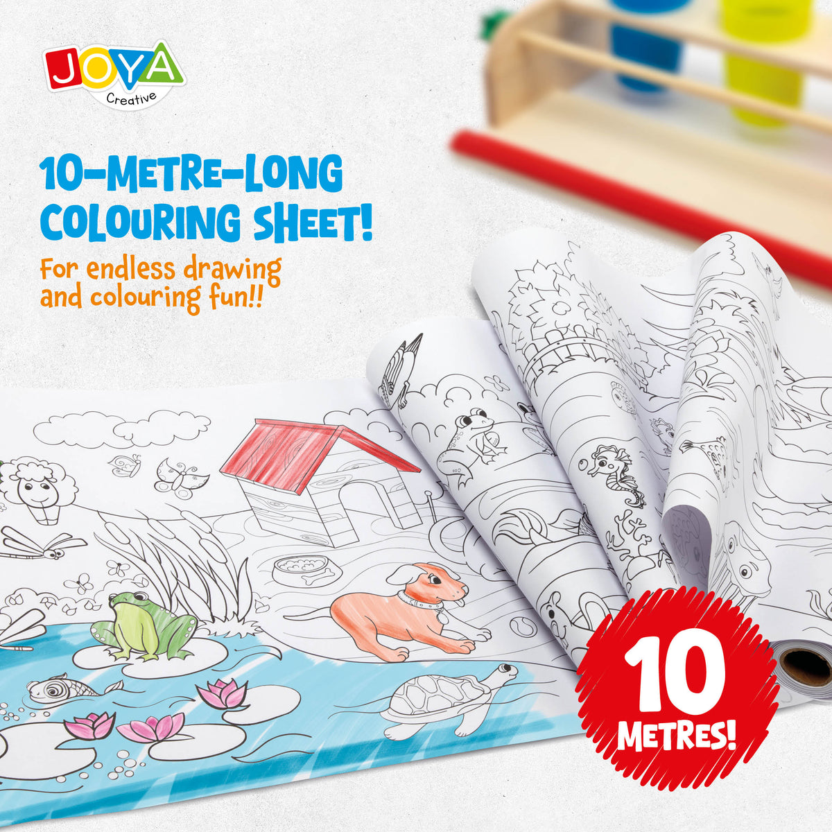 Joya Creative Coloring Roll with Wooden Paper Roll Holder - 10 Meter Drawing Roll for Kids including FSC Wooden Drawing Station