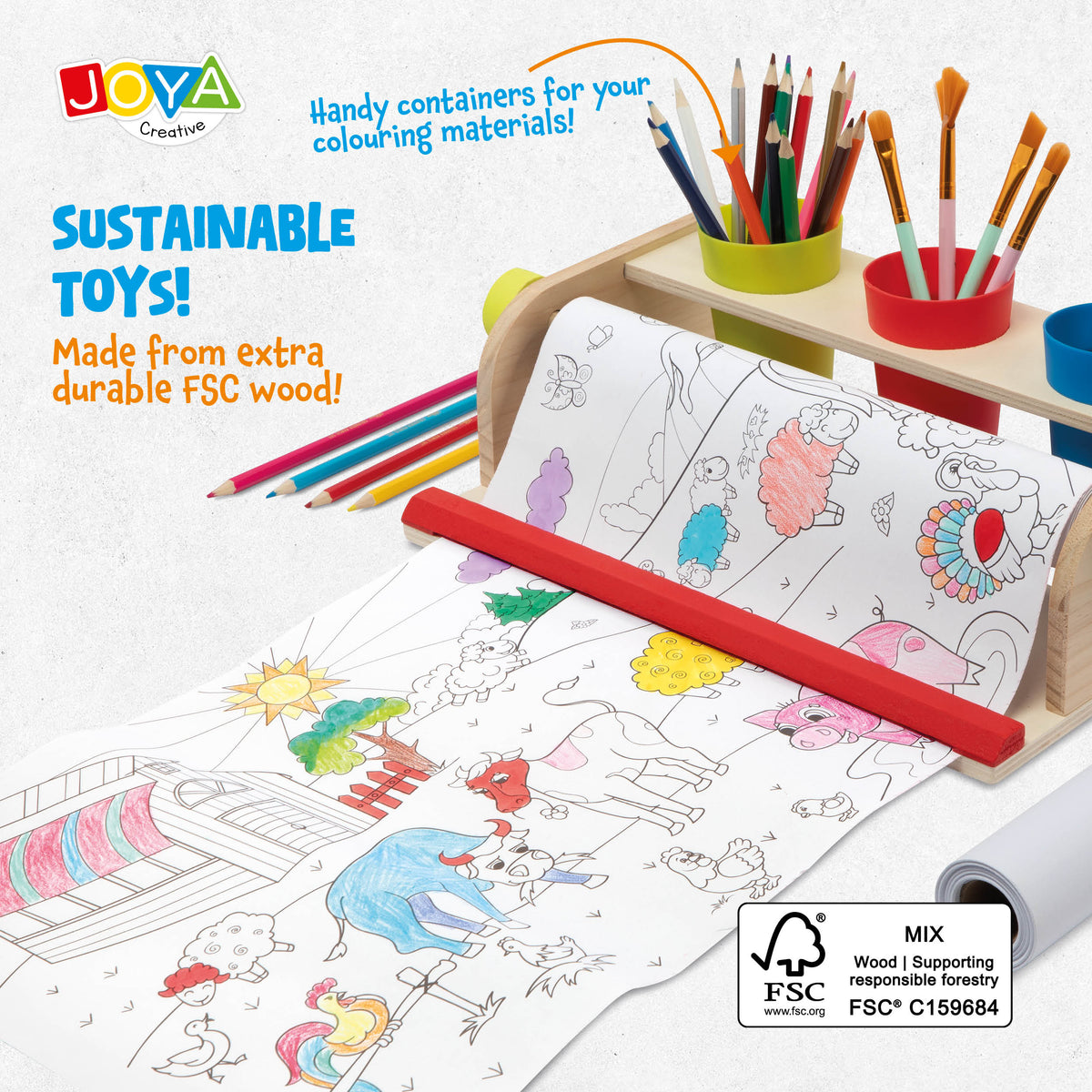 Joya Creative Coloring Roll with Wooden Paper Roll Holder - 10 Meter Drawing Roll for Kids including FSC Wooden Drawing Station