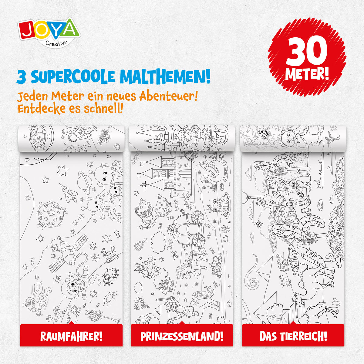 Joya Creative Malvorlagen auf Rolle Nachfüllpackung 3x10 Meter – Tiere, Prinzessinnen und Weltall Malrollen für Papierrollenhalter