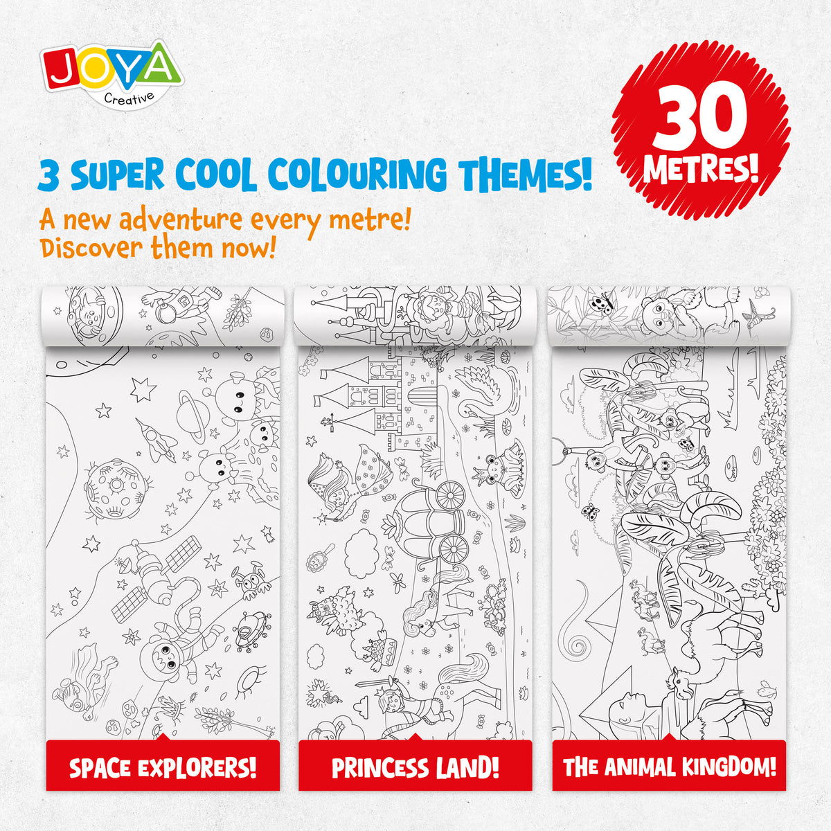 Joya Creative Colouring Roll Refill 3x10 Metres – Animal, Princess and Space Colouring Rolls for Paper Roll Holder