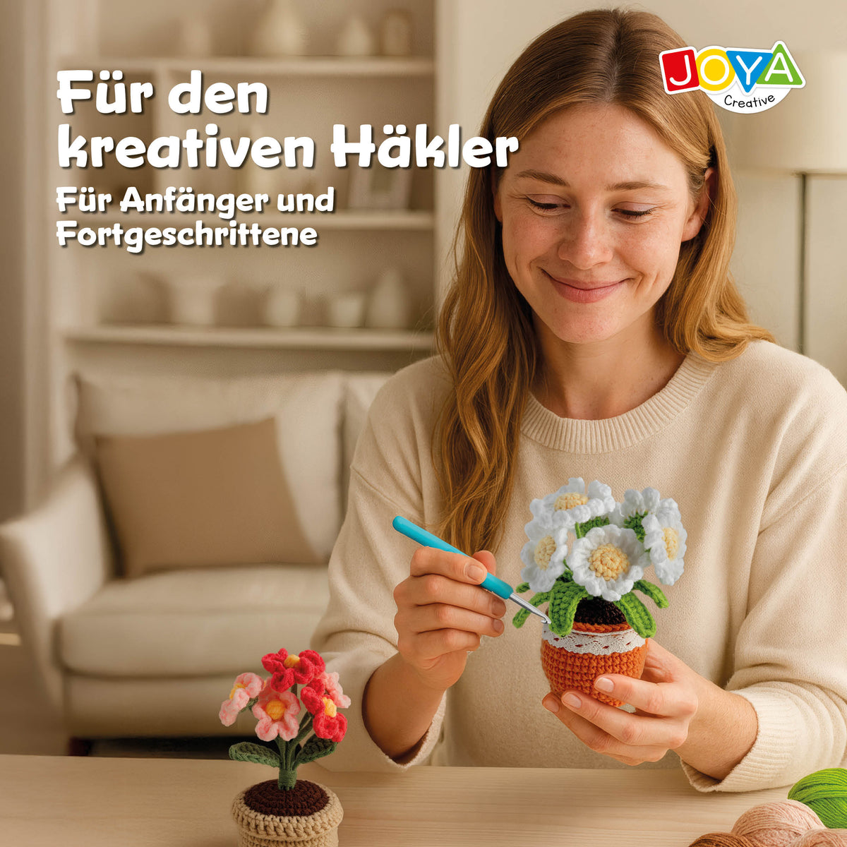 Joya Kreativ-Häkelset Pflanzen & Blumen 4-teilig – Komplettes Amigurumi-Häkelset für Erwachsene mit ergonomischen Häkelnadeln