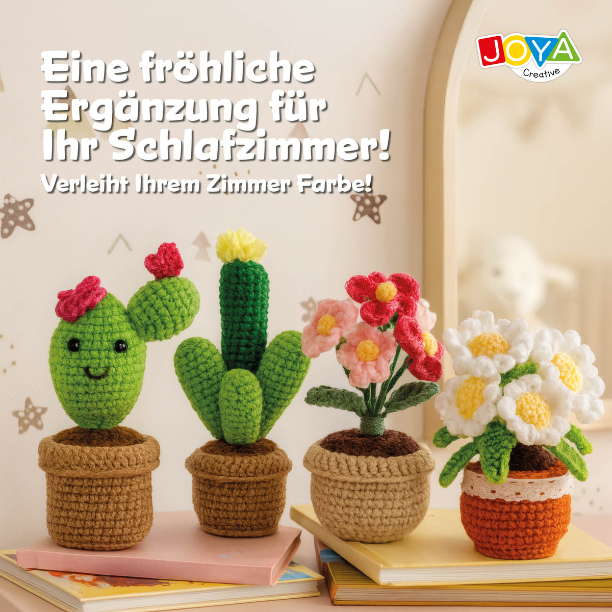 Joya Kreativ-Häkelset Pflanzen & Blumen 4-teilig – Komplettes Amigurumi-Häkelset für Erwachsene mit ergonomischen Häkelnadeln