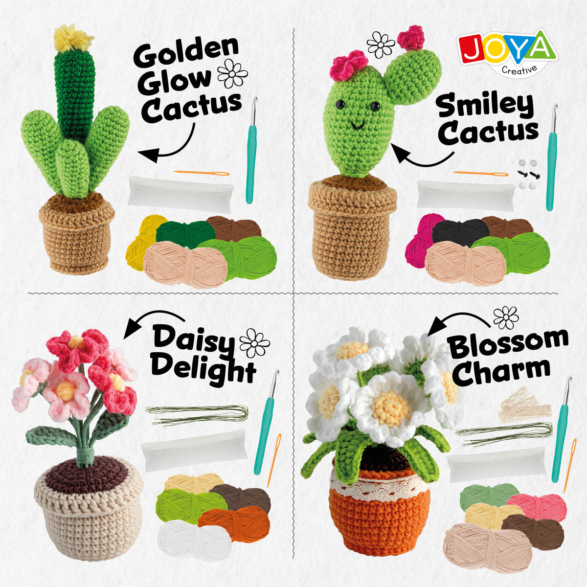 Joya Creative Crochet Kit Plants & Flowers 4-Piece – Complete Amigurumi Crochet Set for Adults with Ergonomic Crochet Hooks