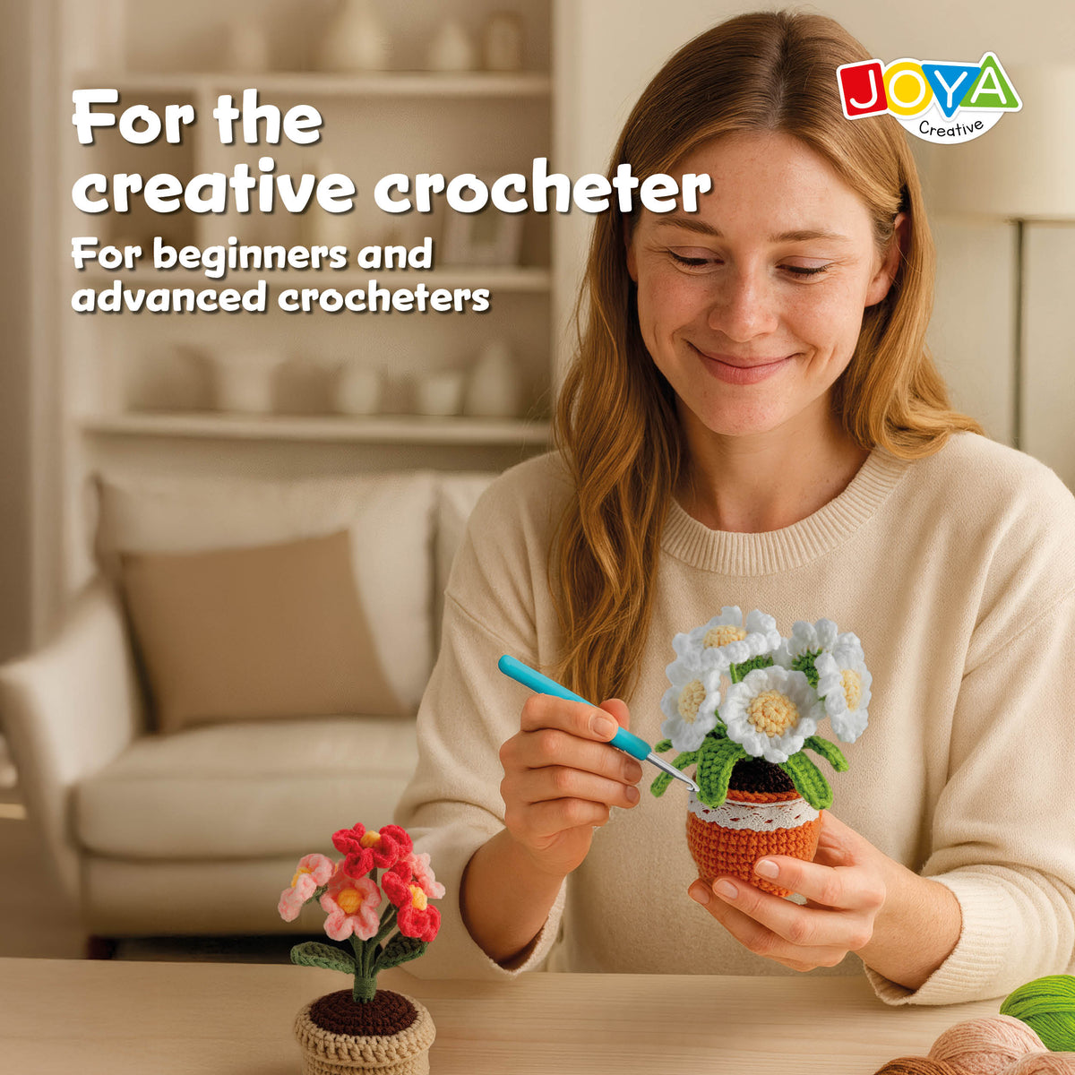 Joya Creative Crochet Kit Plants & Flowers 4-Piece – Complete Amigurumi Crochet Set for Adults with Ergonomic Crochet Hooks