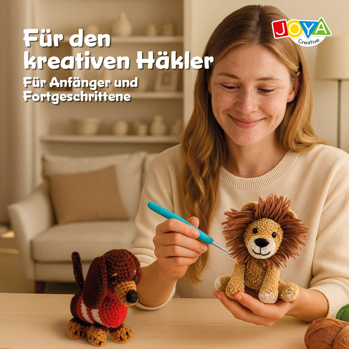 Joya Creative Häkelset Tiere 4-teilig – Komplettes Amigurumi Häkelset mit Löwe, Hund, Einhorn und Bär für Anfänger