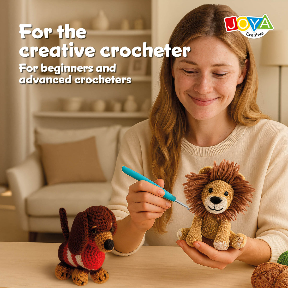 Joya Creative Crochet Kit Animals 4-Piece – Complete Amigurumi Crochet Set with Lion, Dog, Unicorn, and Bear for Beginners
