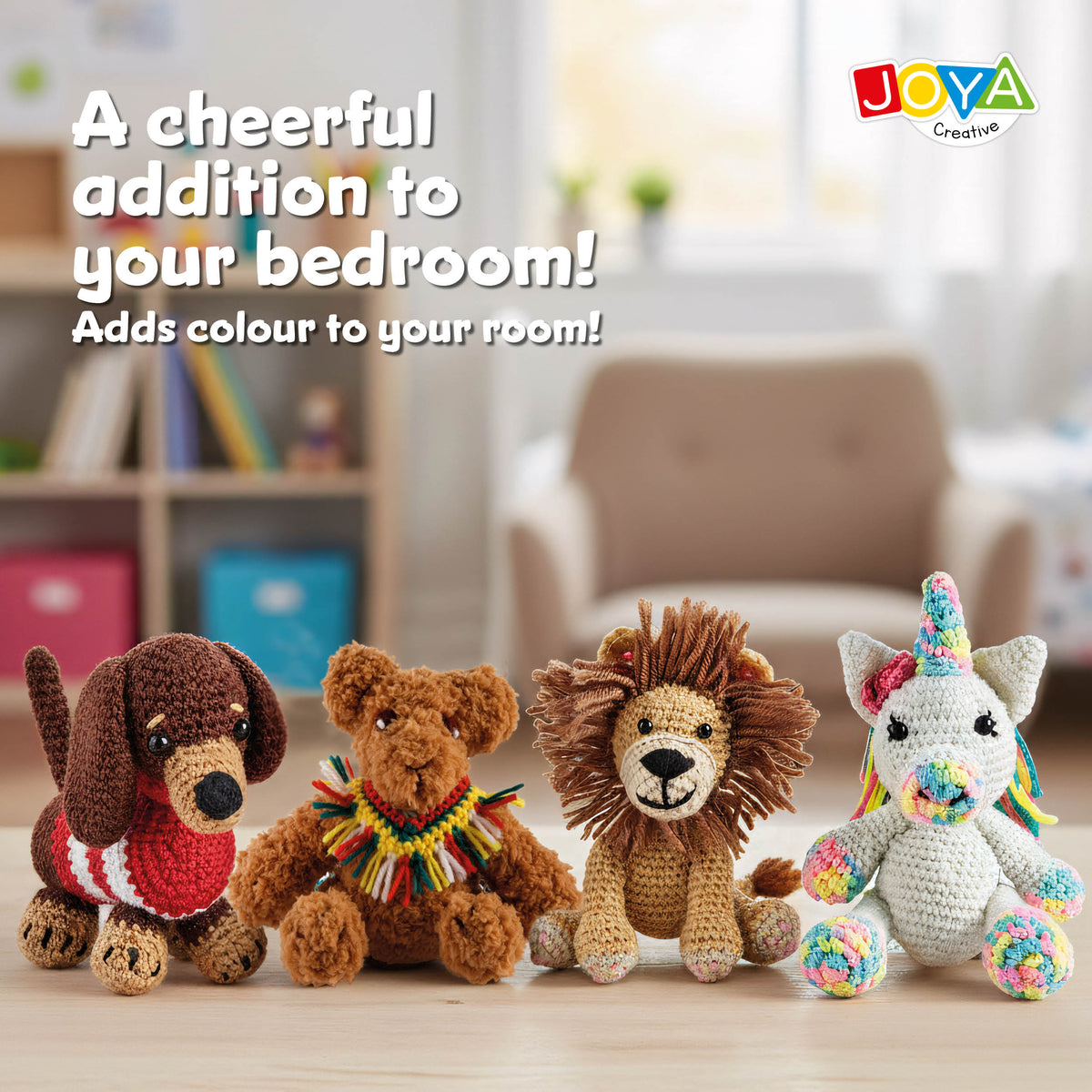 Joya Creative Crochet Kit Animals 4-Piece – Complete Amigurumi Crochet Set with Lion, Dog, Unicorn, and Bear for Beginners