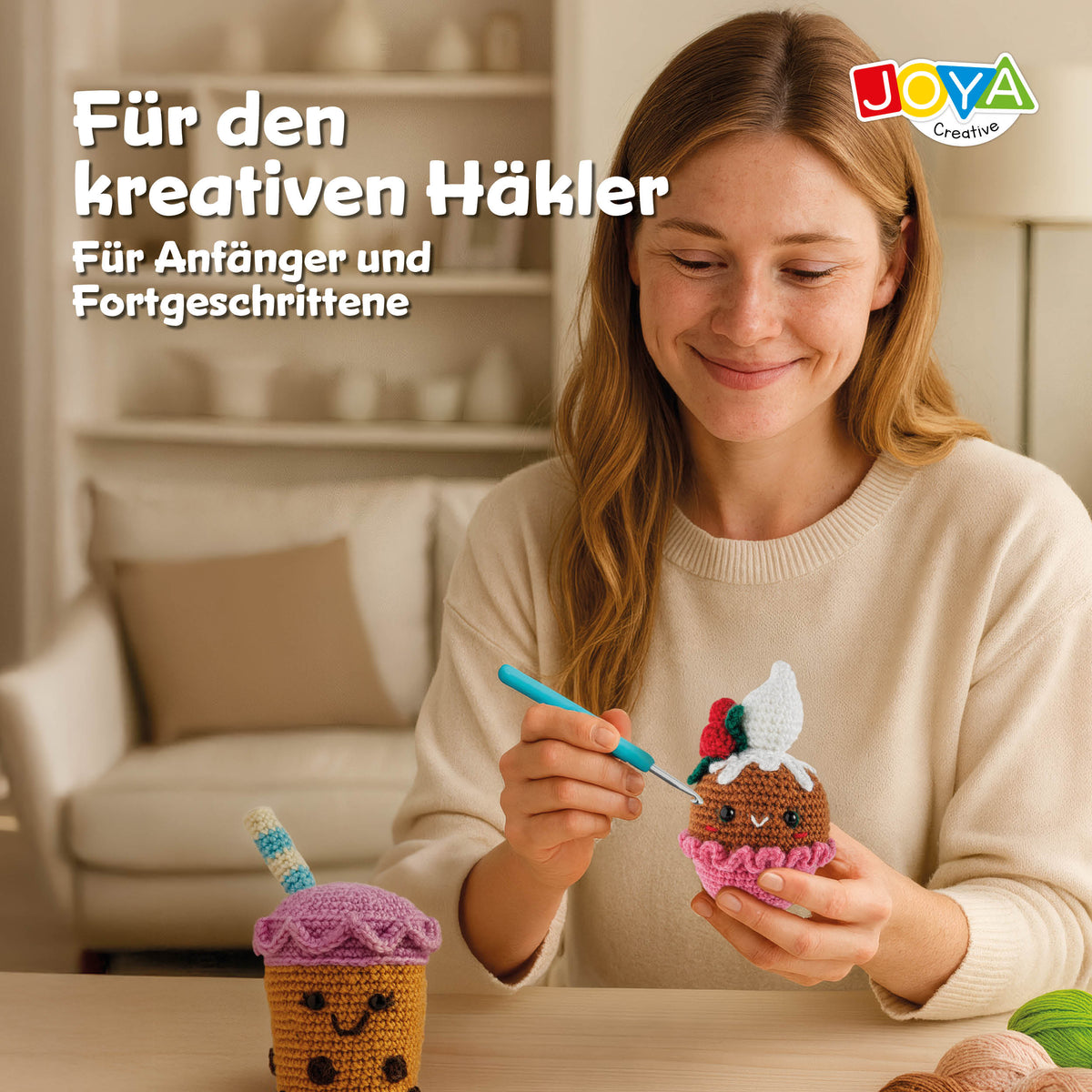 Joya Creative Häkelset Food 4-teilig – Amigurumi Häkelset mit Sushi, Bubble Tea, Popcorn und Cupcake für Anfänger