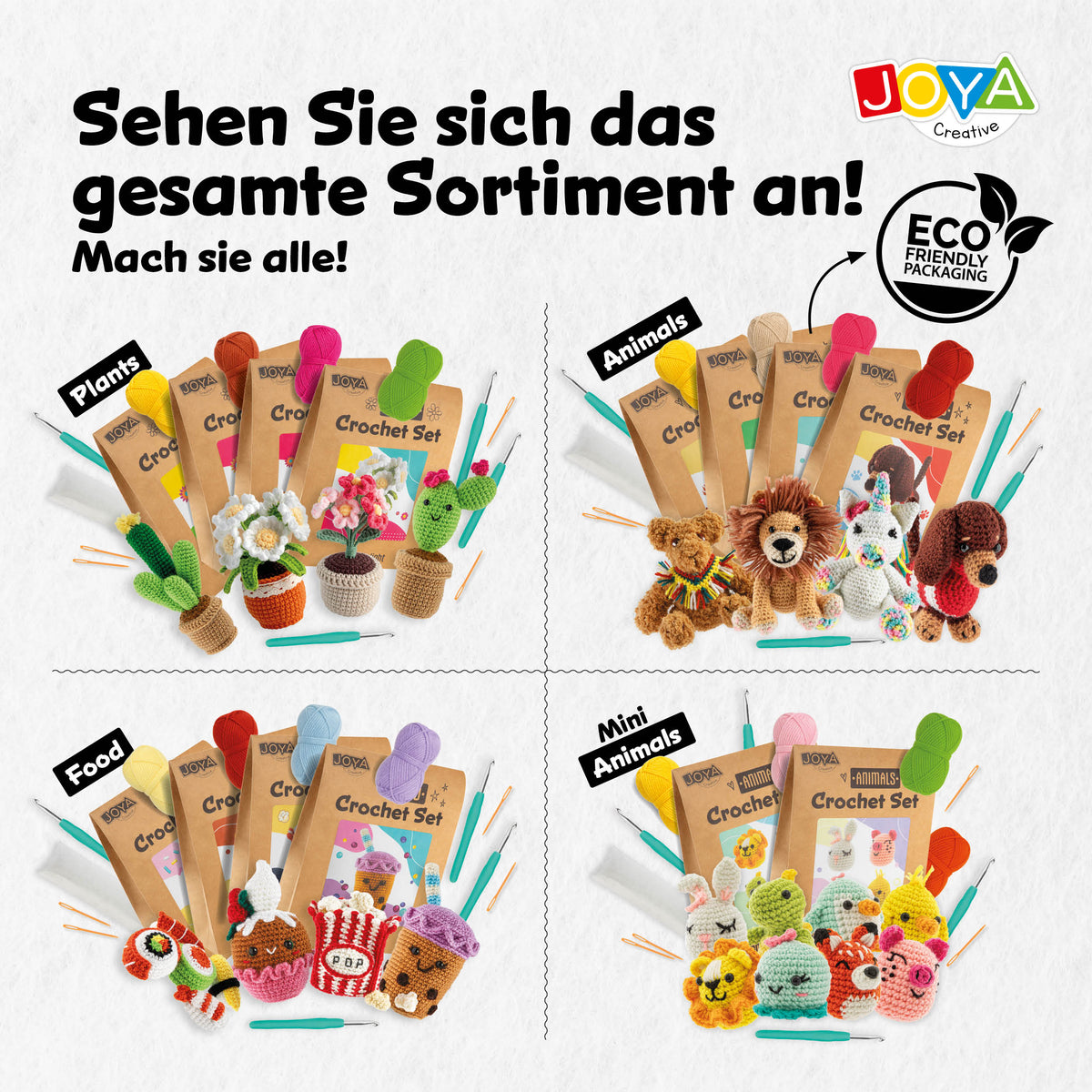 Joya Creative Häkelset Food 4-teilig – Amigurumi Häkelset mit Sushi, Bubble Tea, Popcorn und Cupcake für Anfänger
