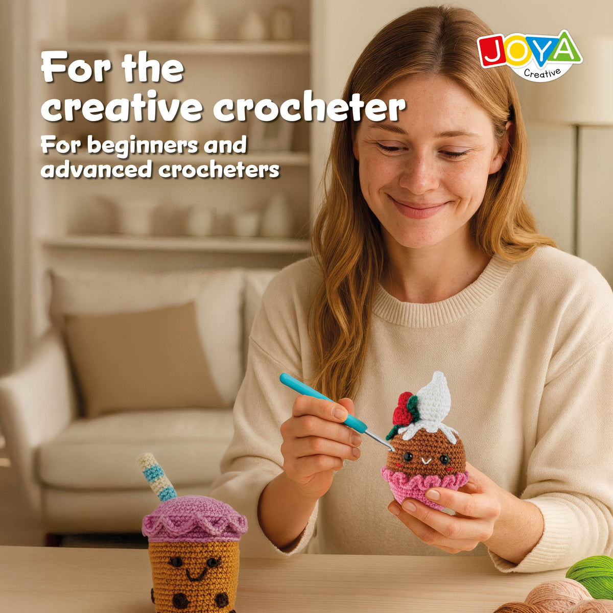 Joya Creative Crochet Kit Food 4 Piece – Amigurumi Crochet Set with Sushi, Bubble Tea, Popcorn and Cupcake for Beginners