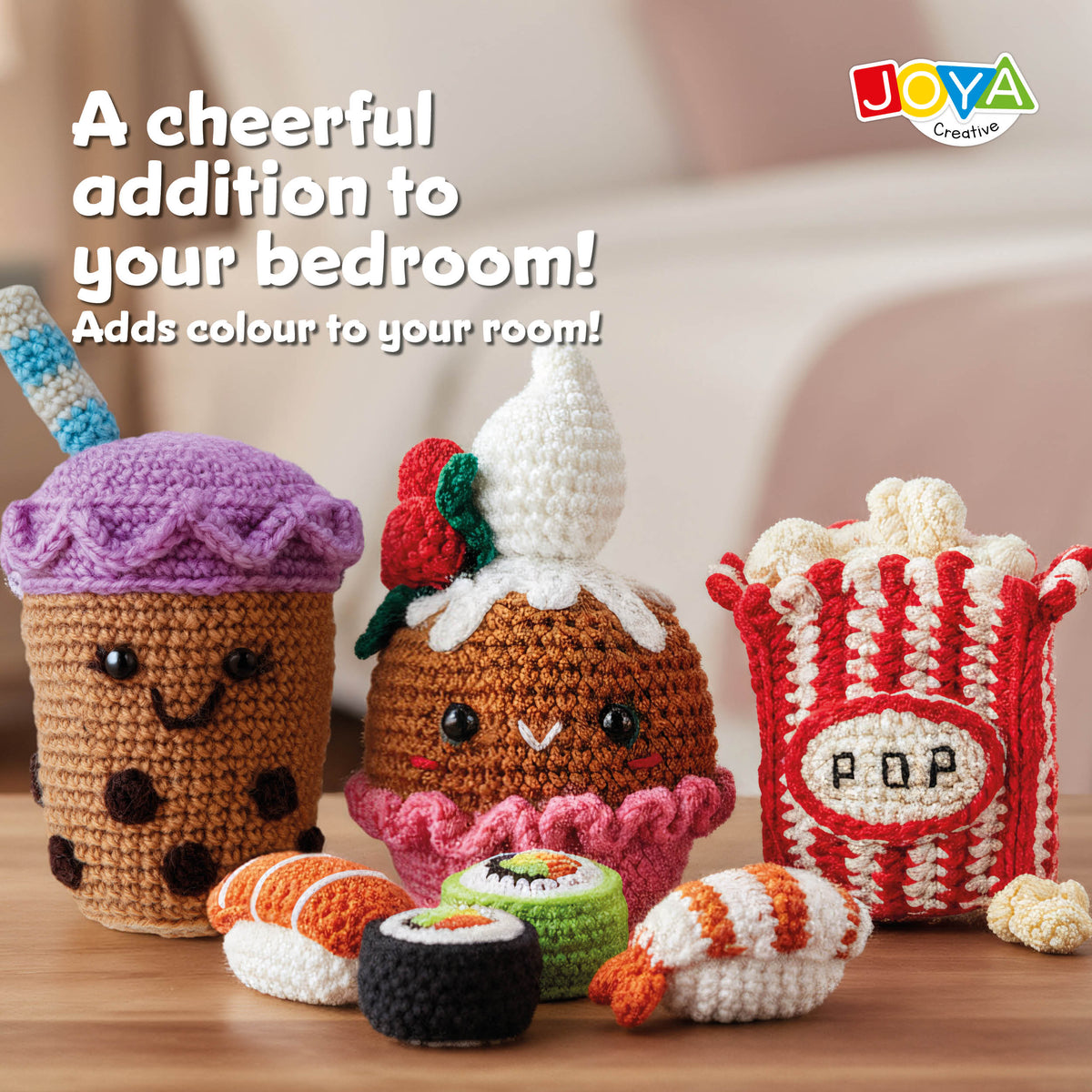 Joya Creative Crochet Kit Food 4 Piece – Amigurumi Crochet Set with Sushi, Bubble Tea, Popcorn and Cupcake for Beginners