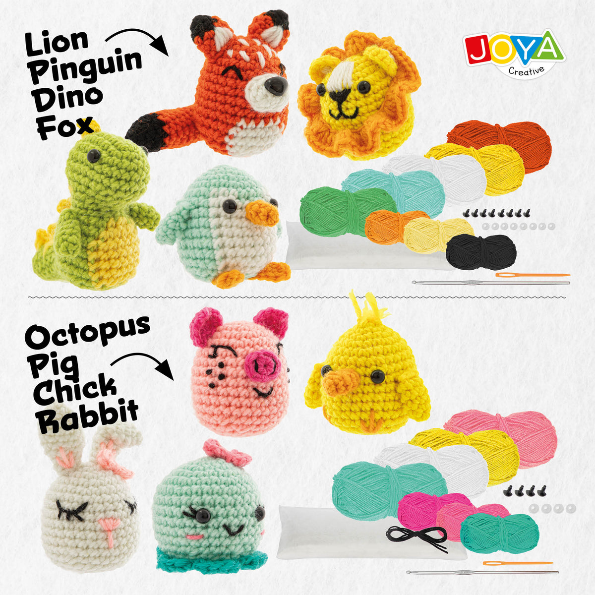 Joya Creative Crochet Kit Animals 8-Piece – Complete Amigurumi Crochet Set with 8 Animals for Beginners and Adults