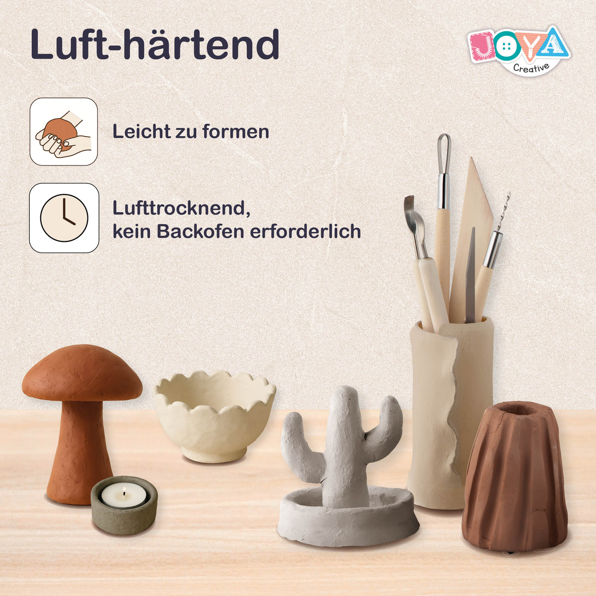 Joya Creative Modelliermasse Erwachsene Set 13-teilig – Home Deco DIY-Paket mit lufthärtender Modelliermasse in Naturtönen