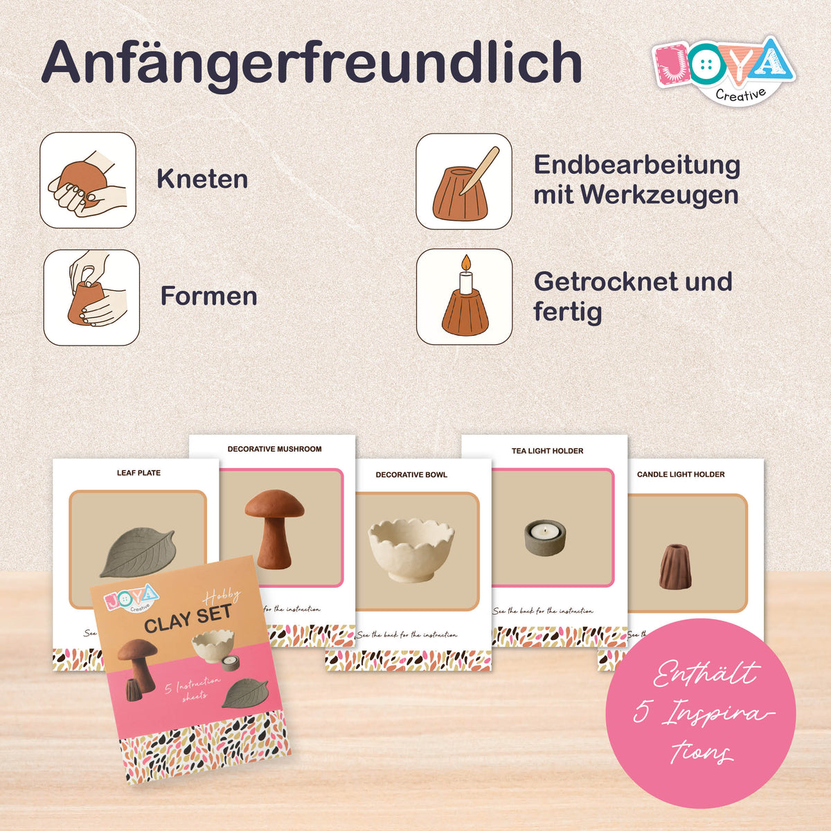 Joya Creative Modelliermasse Erwachsene Set 13-teilig – Home Deco DIY-Paket mit lufthärtender Modelliermasse in Naturtönen