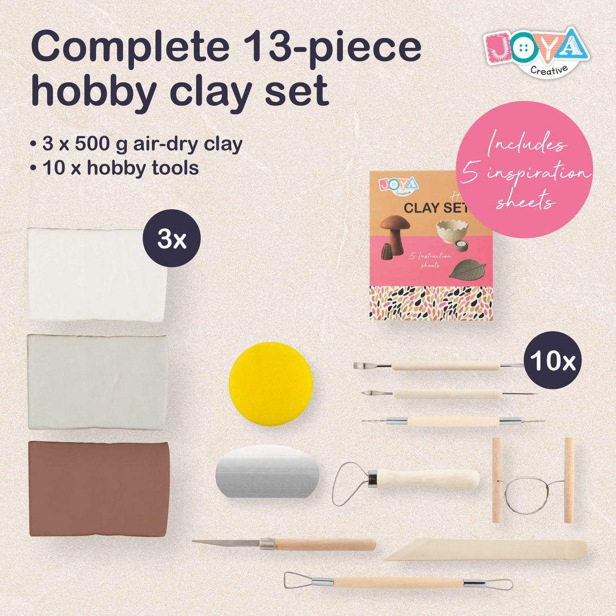Joya Creative Modeling Clay Adults Set 13-Piece – Home Decor DIY Kit with Air Dry Clay in Natural Tones