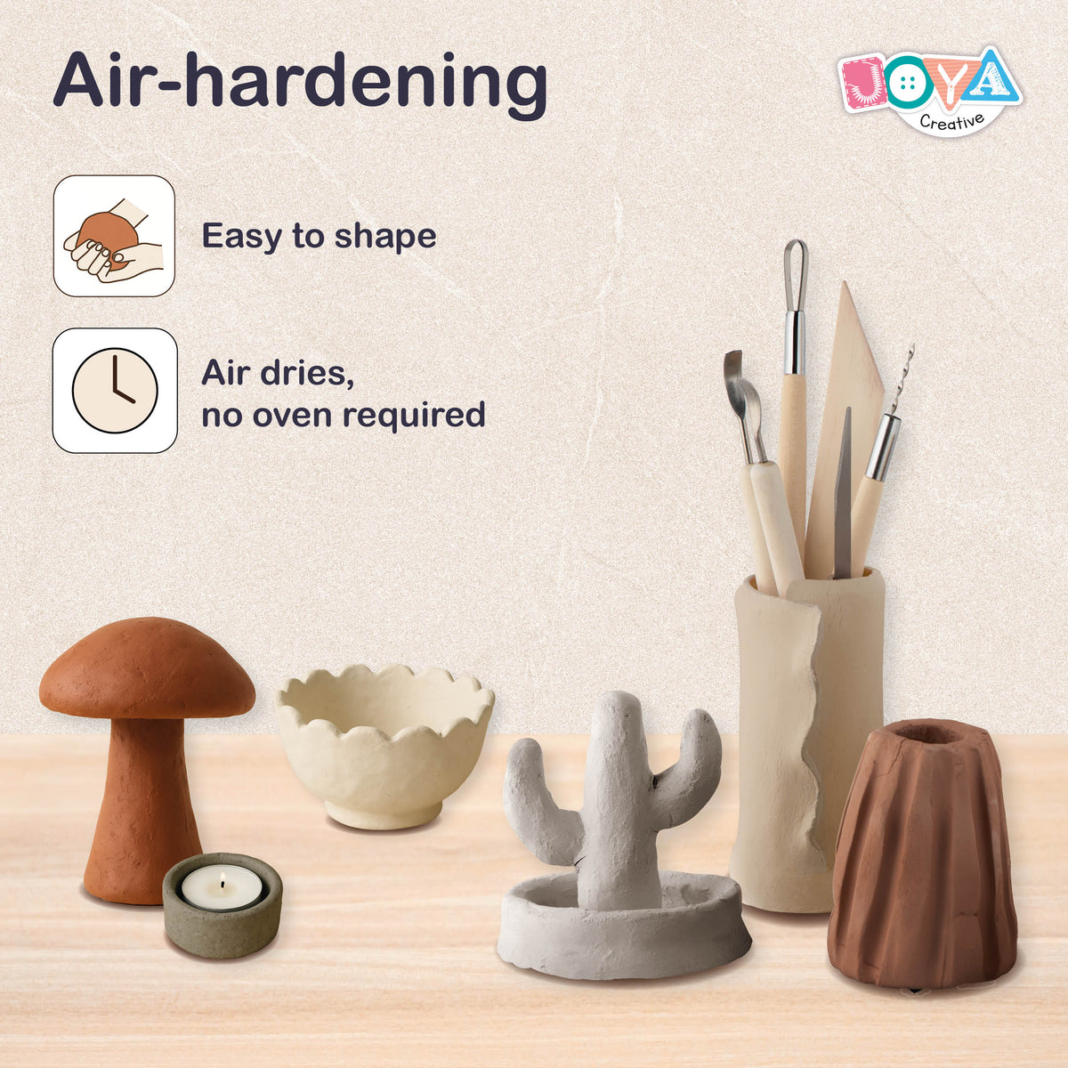 Joya Creative Modeling Clay Adults Set 13-Piece – Home Decor DIY Kit with Air Dry Clay in Natural Tones