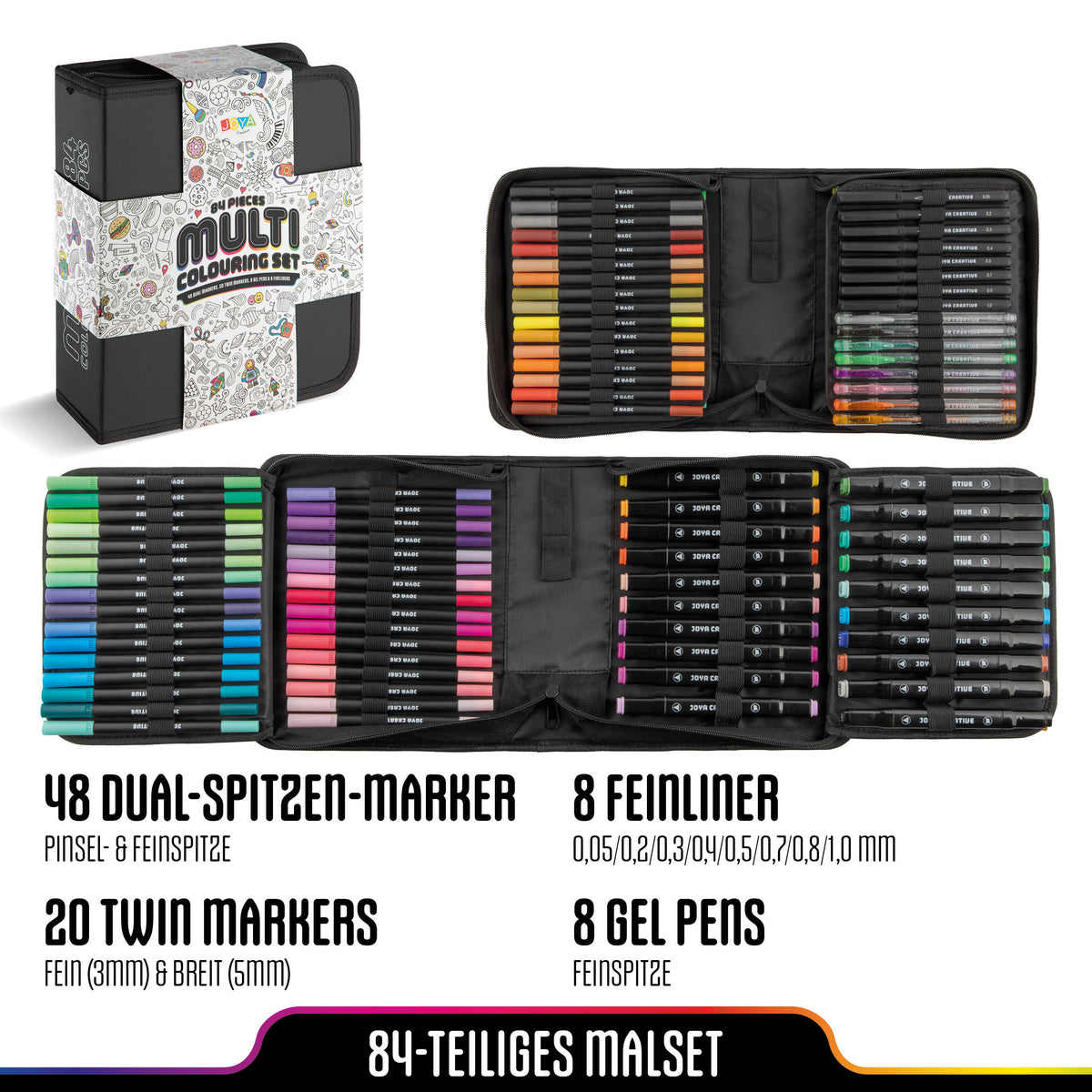 Joya Creative Kreativ-Stifte-Set 84-teilig – Twinmarker, Brushpens, Fineliner und Gelschreiber in Luxus-Aufbewahrungstasche