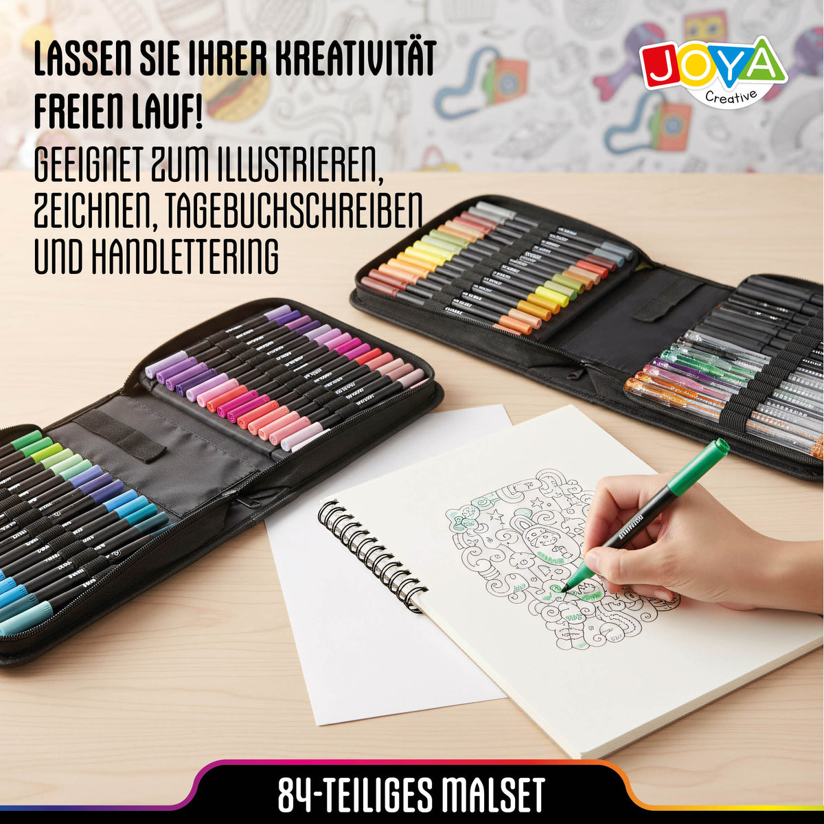 Joya Creative Kreativ-Stifte-Set 84-teilig – Twinmarker, Brushpens, Fineliner und Gelschreiber in Luxus-Aufbewahrungstasche