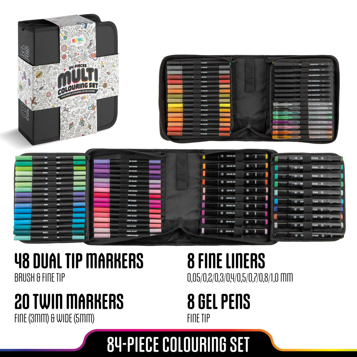 Joya Creative Creative Markers Set 84 Pieces – Twin Markers, Brush Pens, Fineliners and Gel Pens in Luxury Storage Wallet