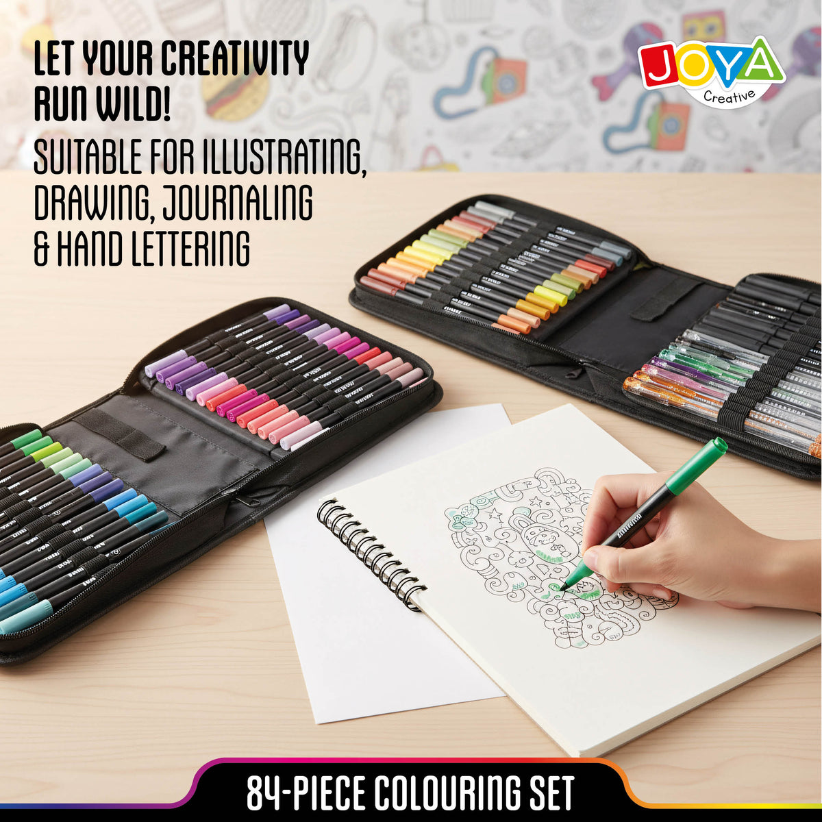 Joya Creative Creative Markers Set 84 Pieces – Twin Markers, Brush Pens, Fineliners and Gel Pens in Luxury Storage Wallet