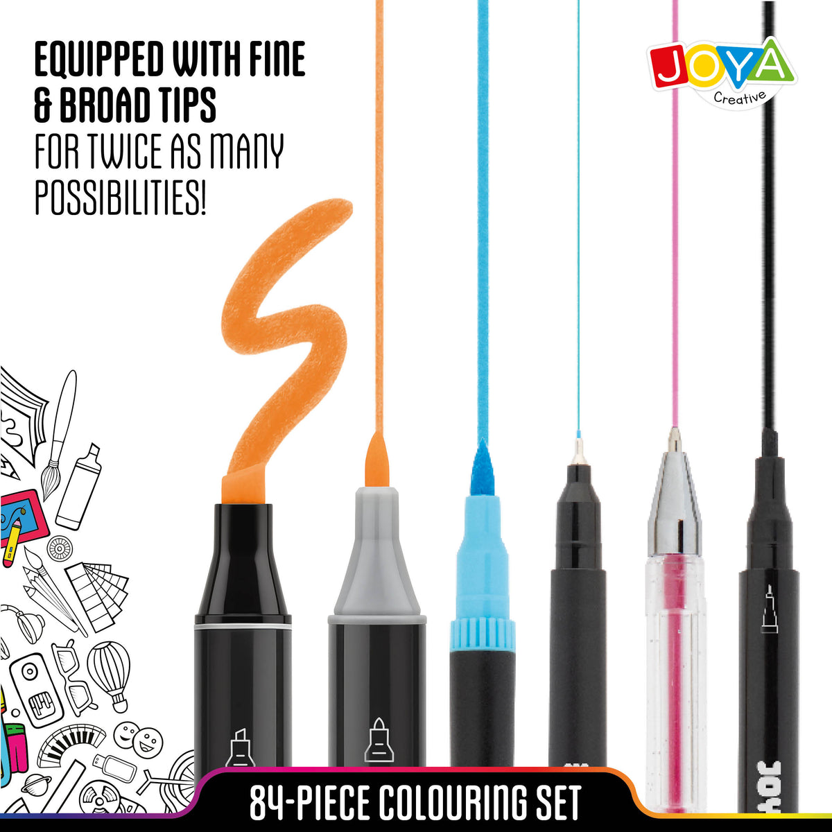 Joya Creative Creative Markers Set 84 Pieces – Twin Markers, Brush Pens, Fineliners and Gel Pens in Luxury Storage Wallet