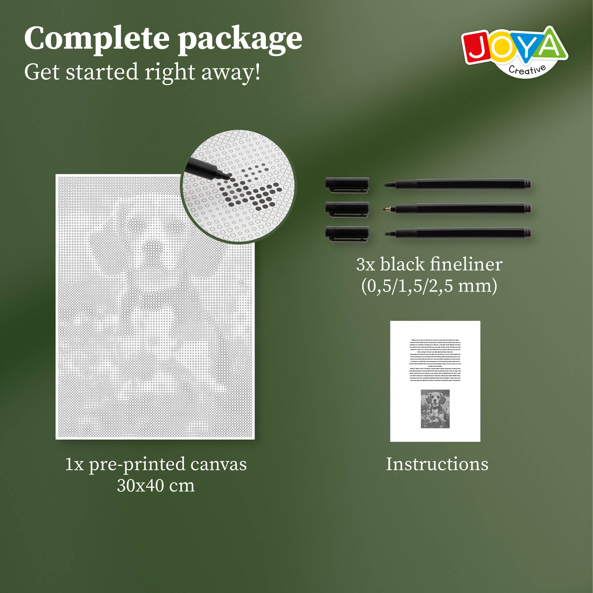 Joya Creative Dot Painting Dog 40x30 cm – Dot Painting for Adults including 3 Fineliners and Inspiration Guide