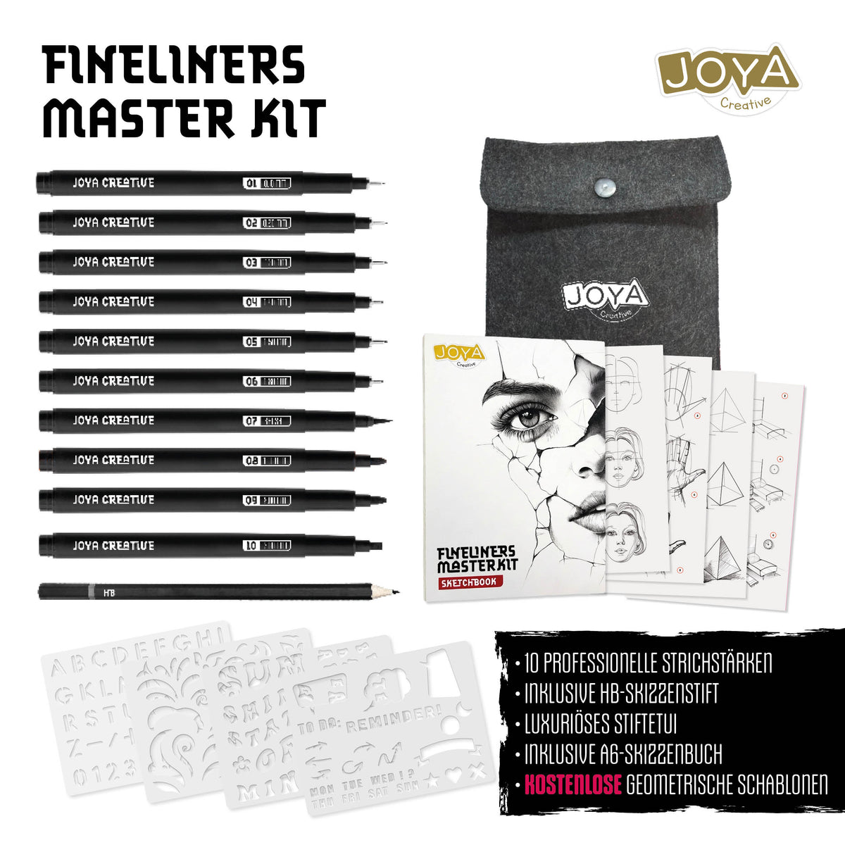 Joya Creative Fineliners Masterkit Black Edition – 10 schwarze Fineliner, Skizzenbuch, Wasserpinsel & Zeichenschablonen