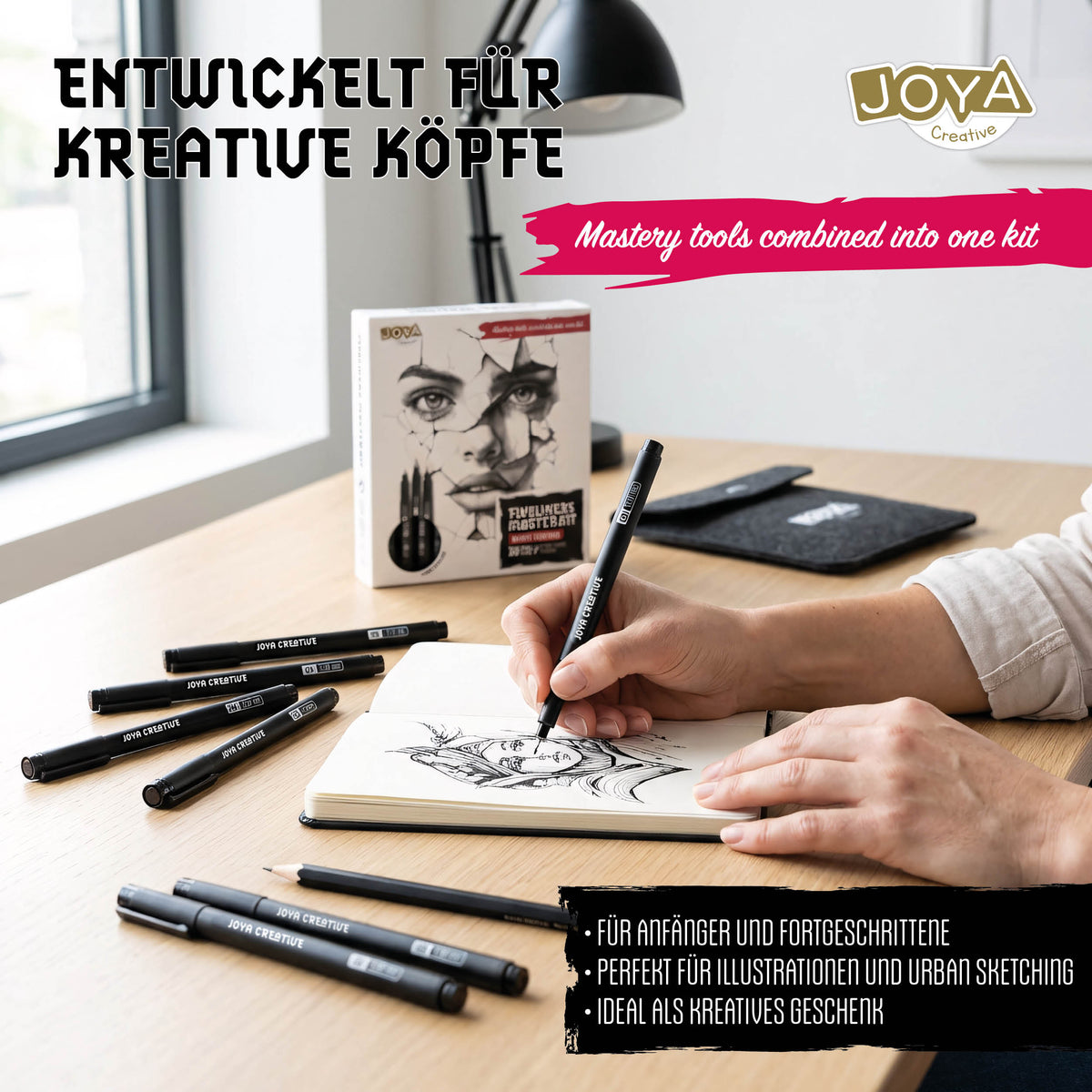Joya Creative Fineliners Masterkit Black Edition – 10 schwarze Fineliner, Skizzenbuch, Wasserpinsel & Zeichenschablonen