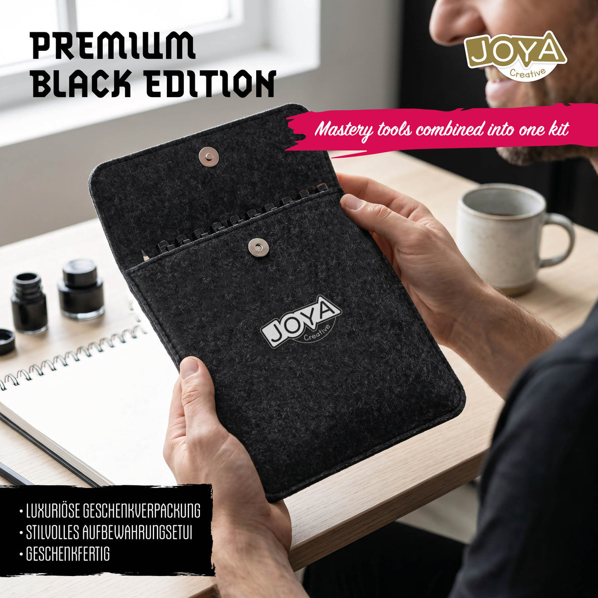 Joya Creative Fineliners Masterkit Black Edition – 10 schwarze Fineliner, Skizzenbuch, Wasserpinsel & Zeichenschablonen