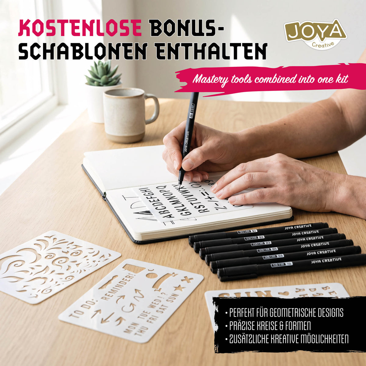 Joya Creative Fineliners Masterkit Black Edition – 10 schwarze Fineliner, Skizzenbuch, Wasserpinsel & Zeichenschablonen