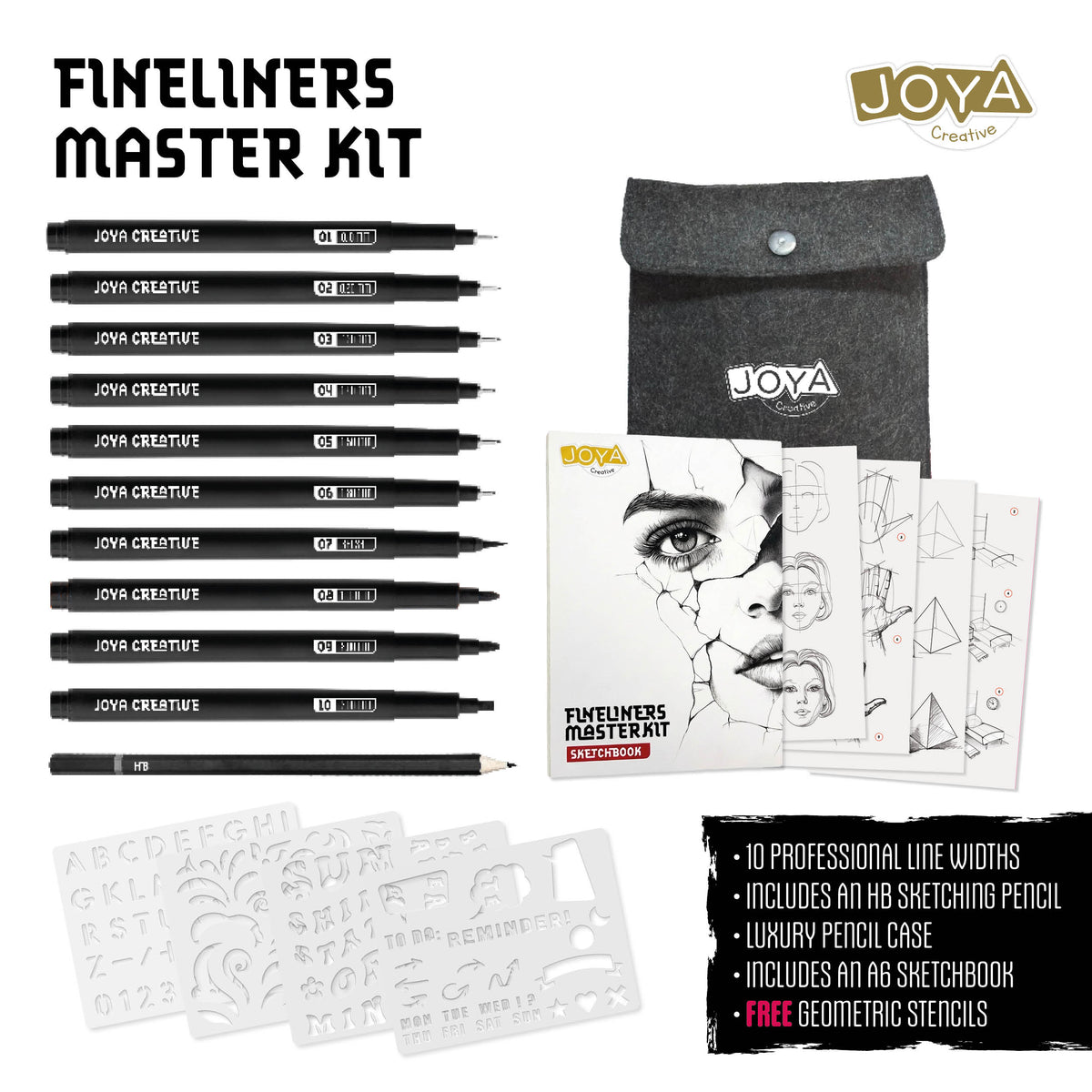 Joya Creative Fineliners Masterkit Black Edition – 10 Black Fineliners, Sketchbook, Waterbrush & Drawing Stencils