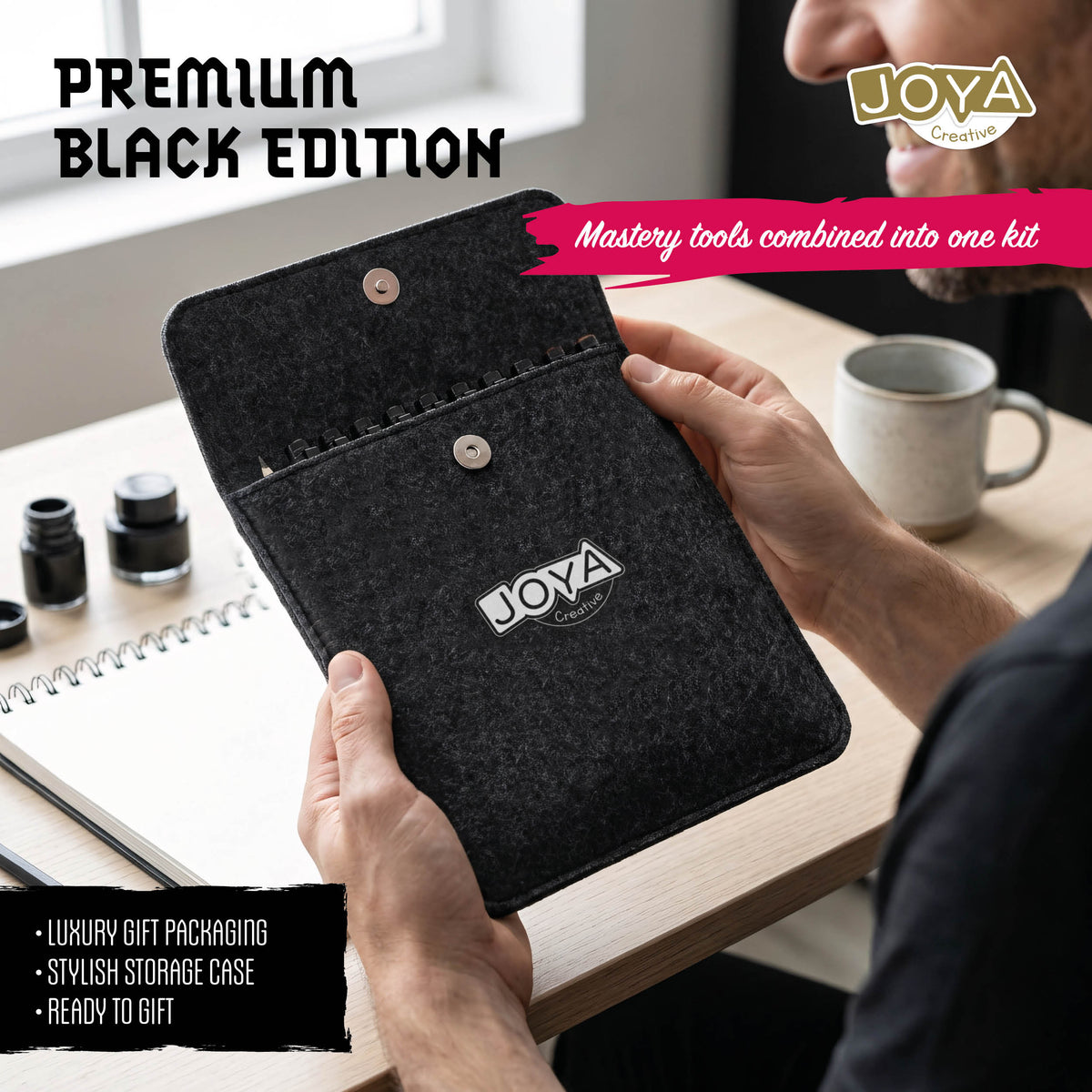 Joya Creative Fineliners Masterkit Black Edition – 10 Black Fineliners, Sketchbook, Waterbrush & Drawing Stencils