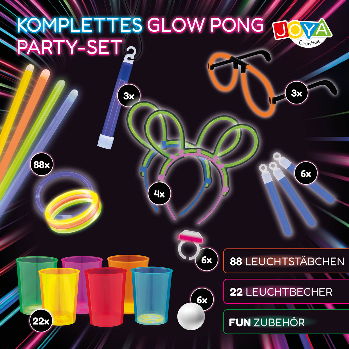 Joya Creative Beer Pong Glow in the Dark Set – Partyspiel mit 22 wiederverwendbaren Glow Cups, 88 Glow Sticks & Zubehör
