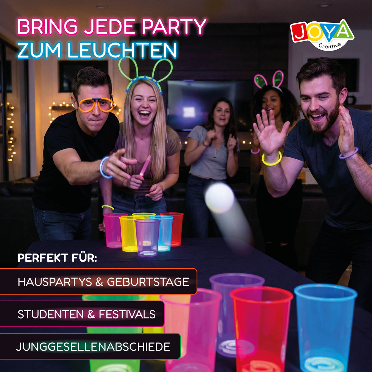 Joya Creative Beer Pong Glow in the Dark Set – Partyspiel mit 22 wiederverwendbaren Glow Cups, 88 Glow Sticks & Zubehör