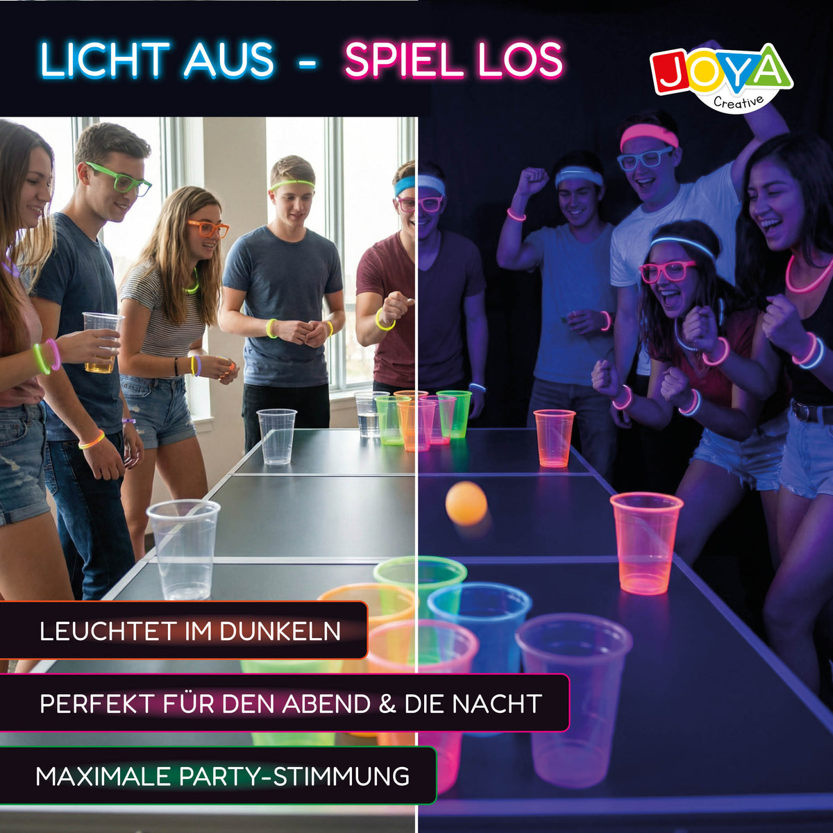 Joya Creative Beer Pong Glow in the Dark Set – Partyspiel mit 22 wiederverwendbaren Glow Cups, 88 Glow Sticks & Zubehör