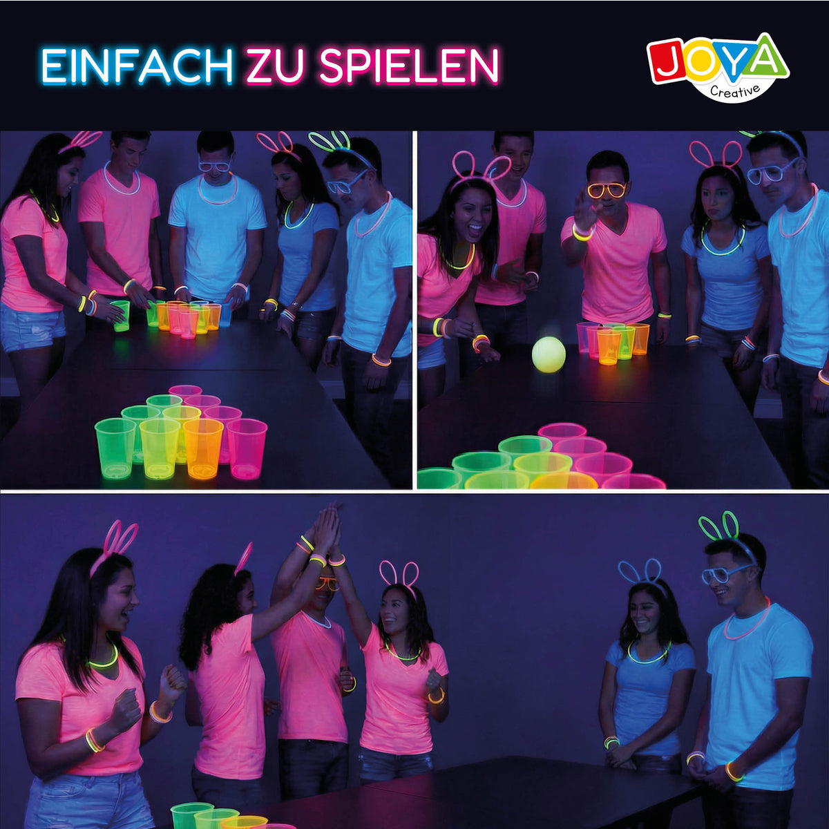 Joya Creative Beer Pong Glow in the Dark Set – Partyspiel mit 22 wiederverwendbaren Glow Cups, 88 Glow Sticks & Zubehör